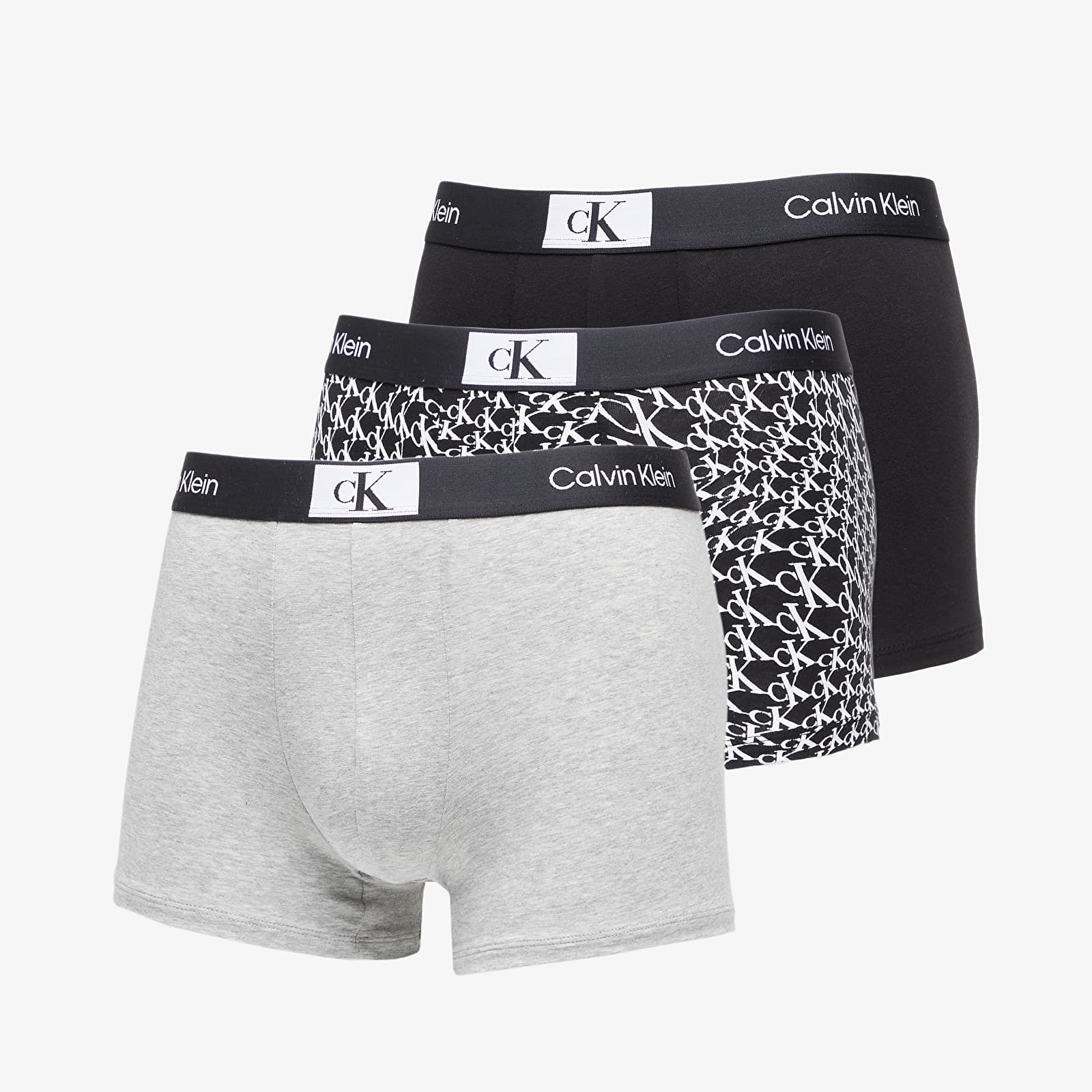 Levně Calvin Klein 96 Cotton Trunk 3-Pack Black/ Grey Heather/ Warped Logo Print Black