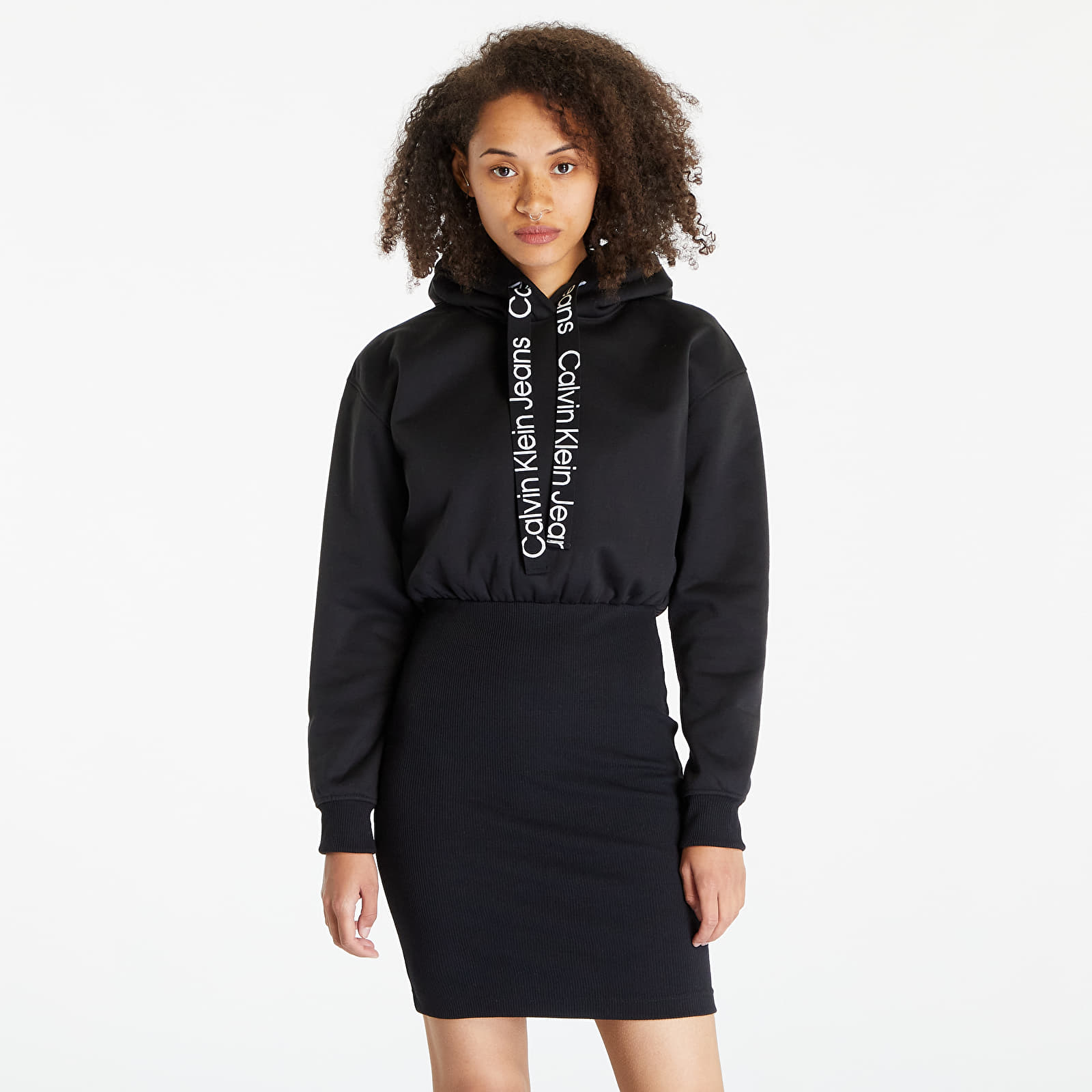 Kleider Calvin Klein Jeans Logo Tape Hooded Sweatshirt Dress Black