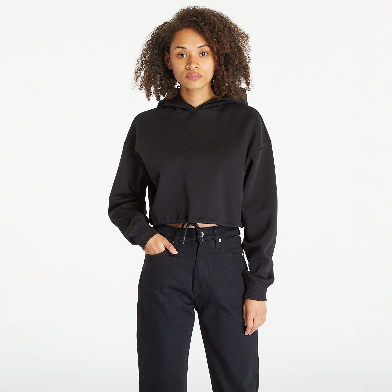 Mikiny Calvin Klein Jeans Cropped Embossed Logo Hoodie Black