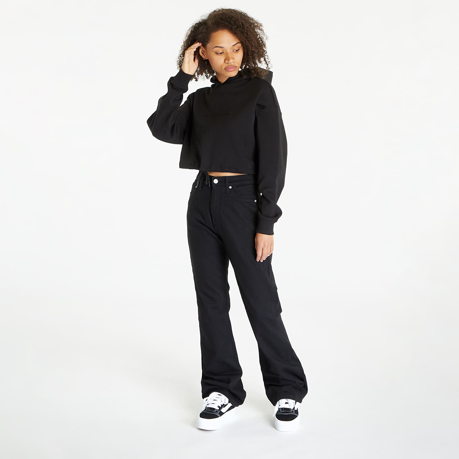 Mikiny Calvin Klein Jeans Cropped Embossed Logo Hoodie Black
