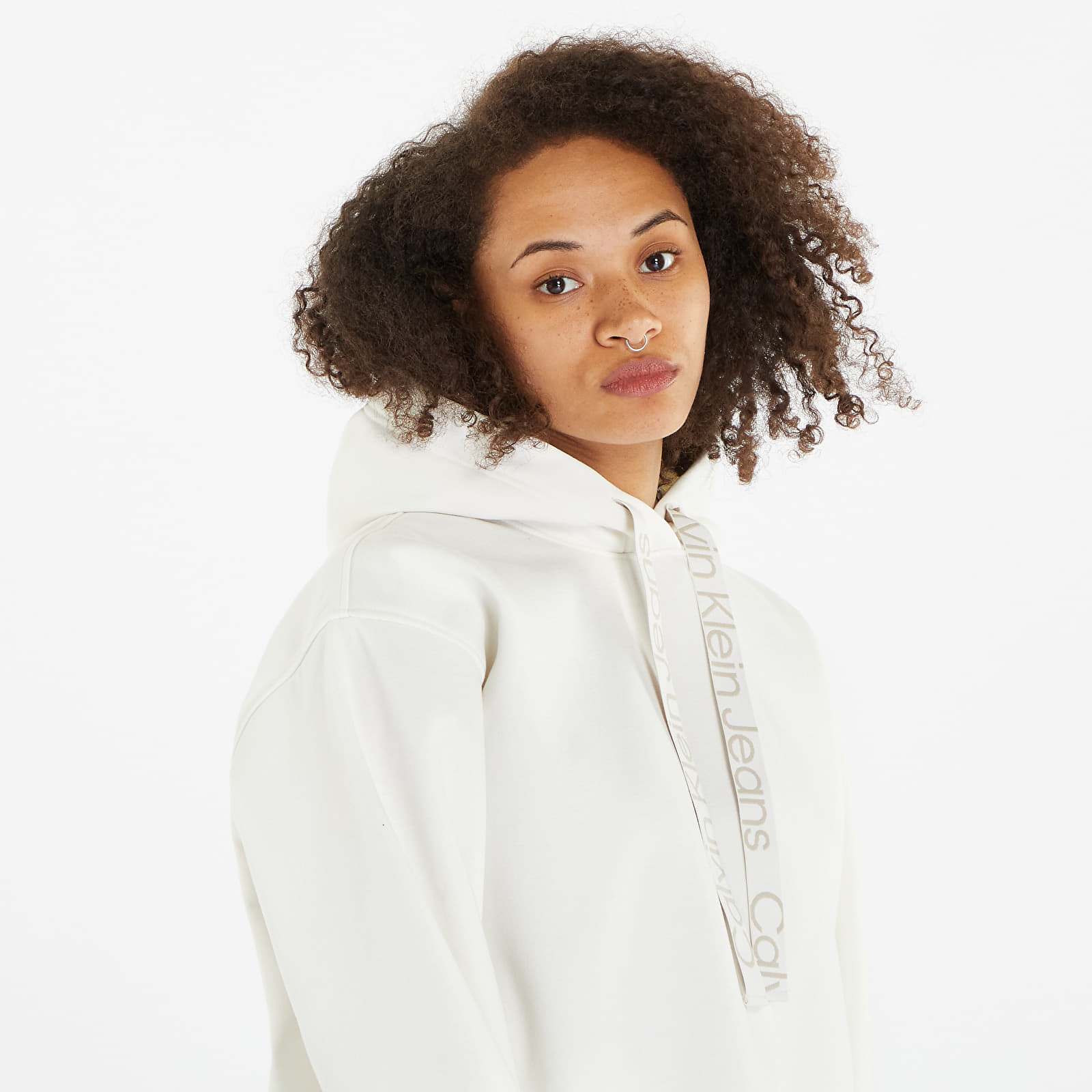 Mikiny Calvin Klein Jeans Oversized Logo Tape Hoodie Ivory