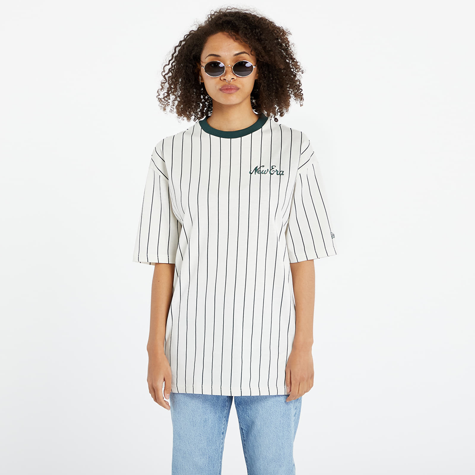 Koszulki New Era Heritage Pinstripe Oversized Tee UNISEX  Off White/ Dark Green