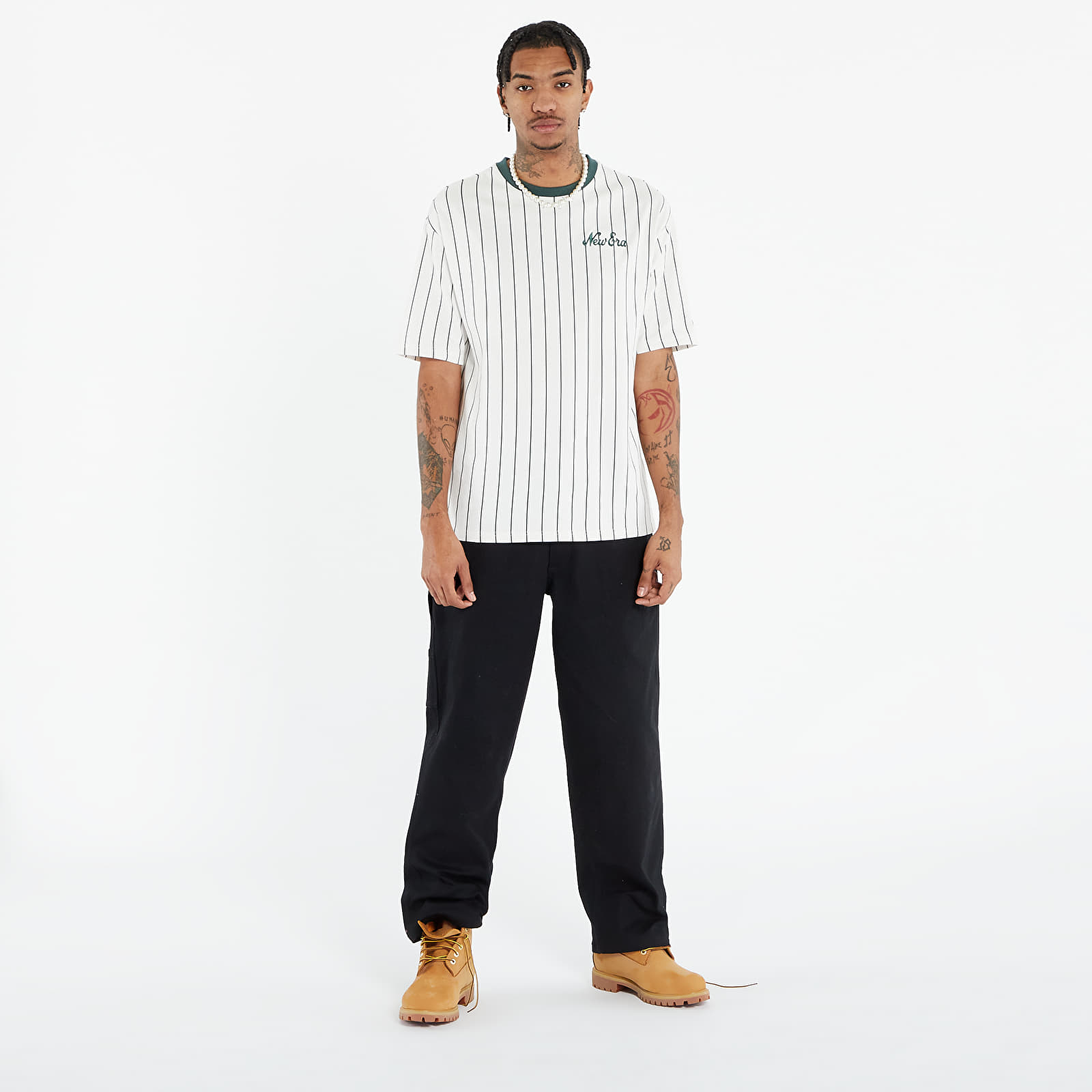 Koszulki New Era Heritage Pinstripe Oversized Tee UNISEX  Off White/ Dark Green