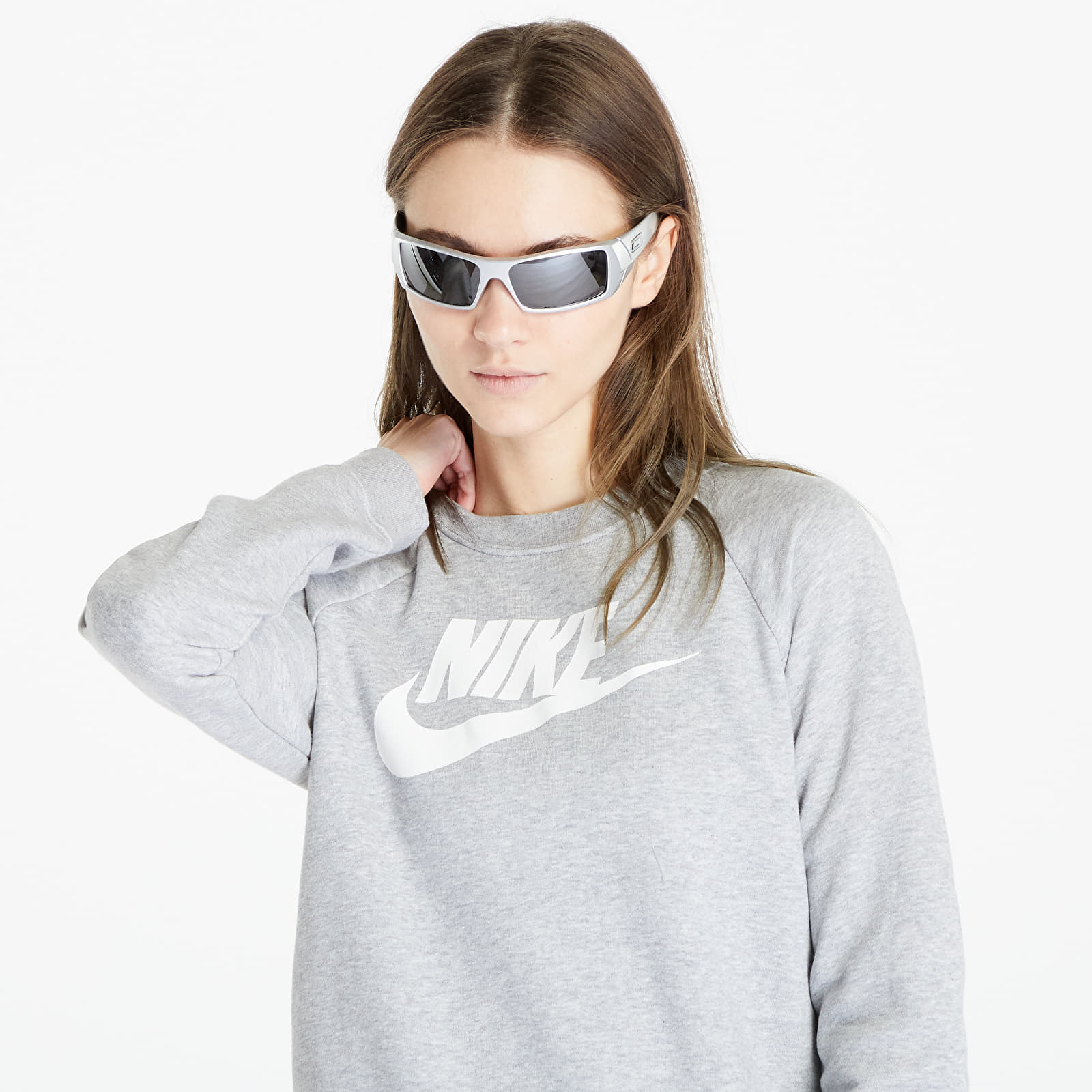 Mikiny Nike NSW Essential Fleece Graphic Crew Dk Grey Heather/ White