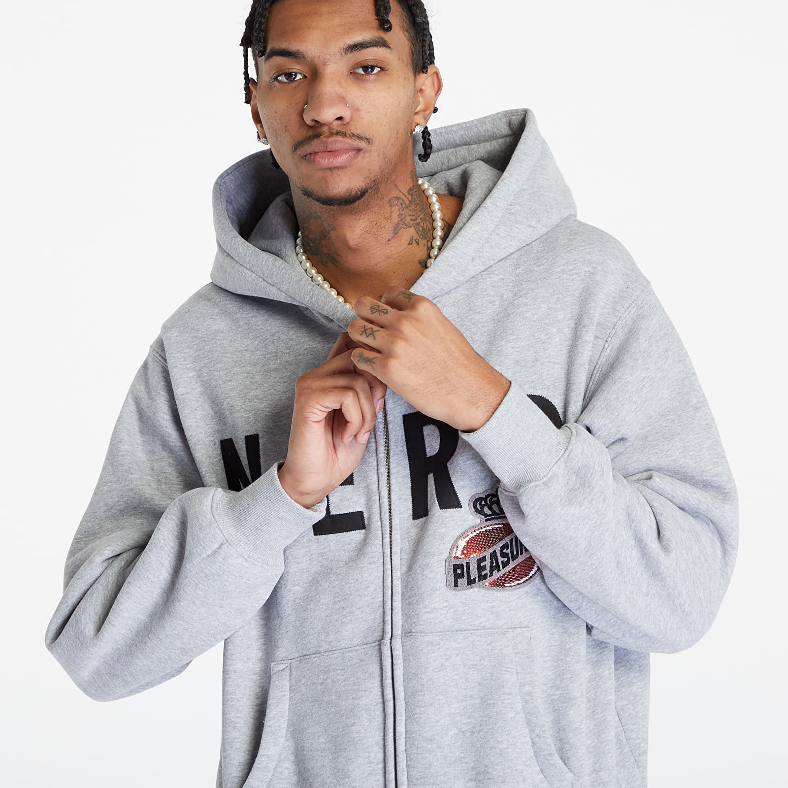 Pleasures x champion store hoodie