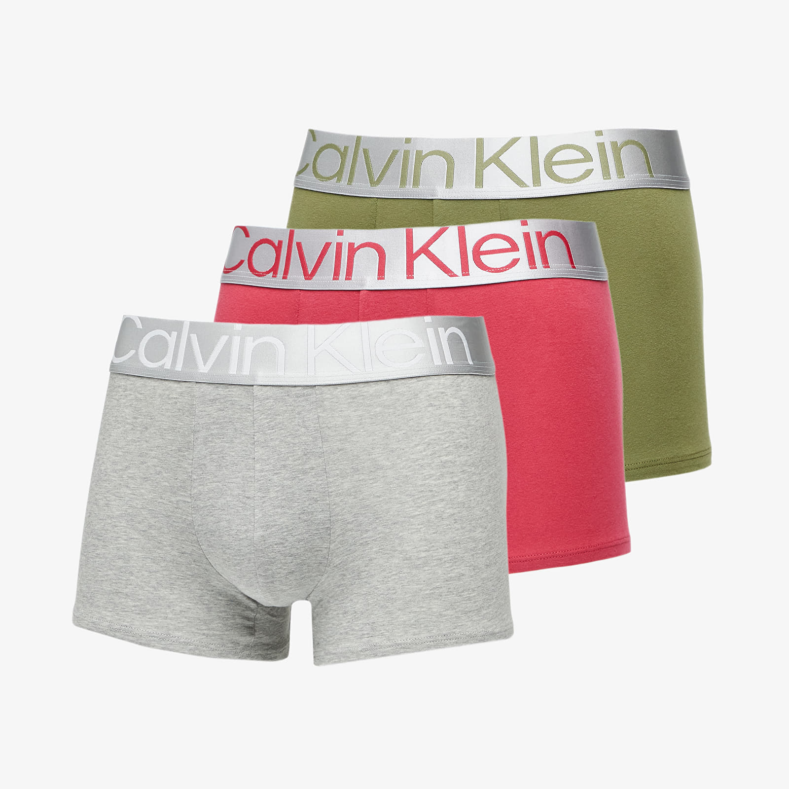 Levně Calvin Klein Reconsidered Steel Cotton Trunk 3-Pack Olive Branch/ Grey Heather/ Red Bud