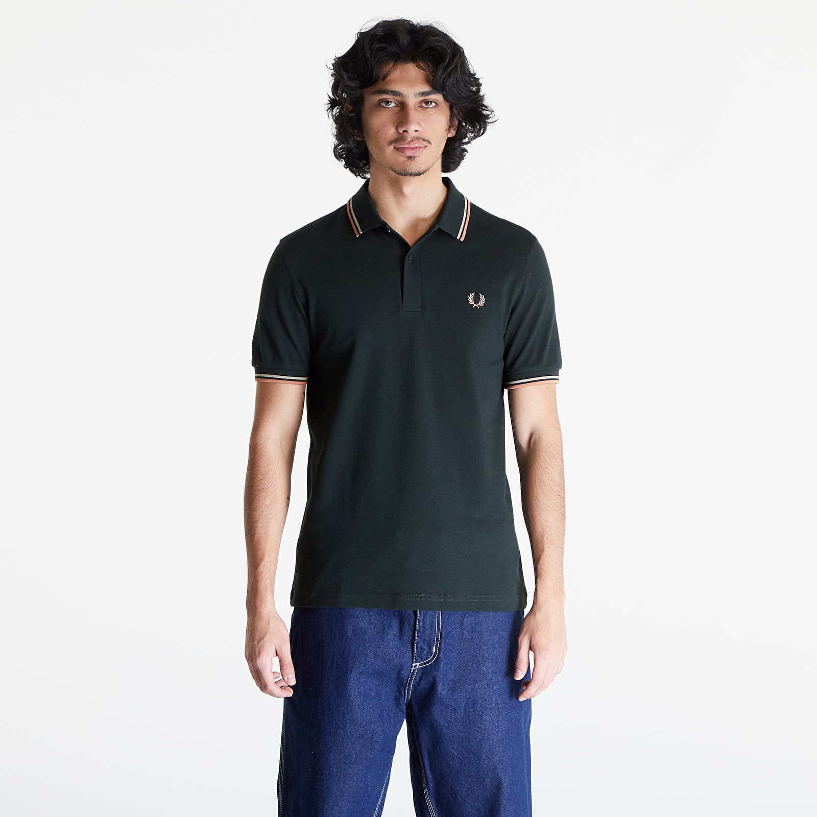 Levně FRED PERRY Twin Tipped Polo Short Sleeve Tee Night Green/ Warm Grey/ Light Rust