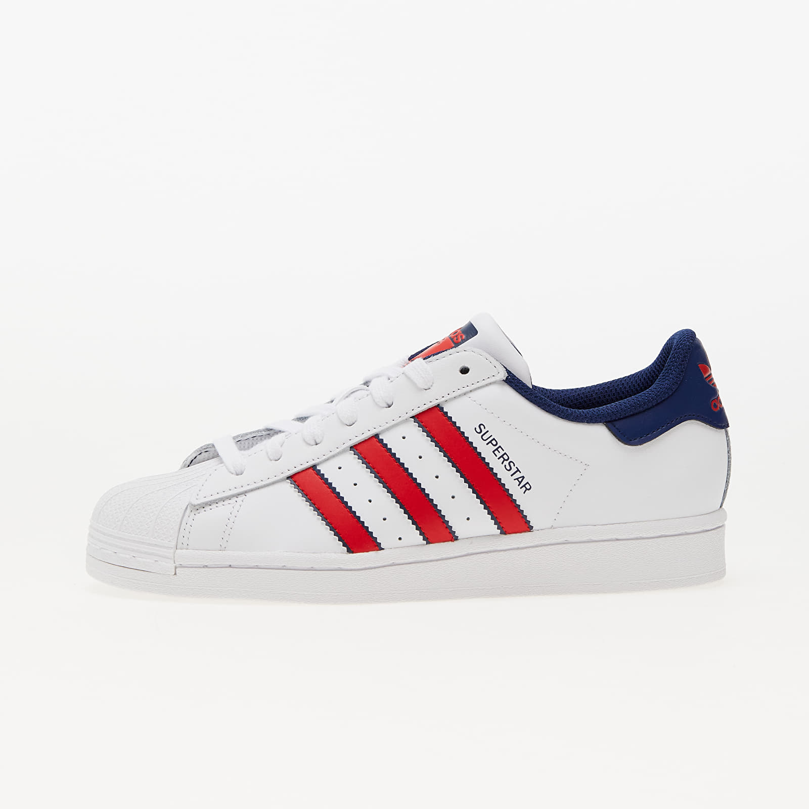 Adidas superstar white blue stripes on sale