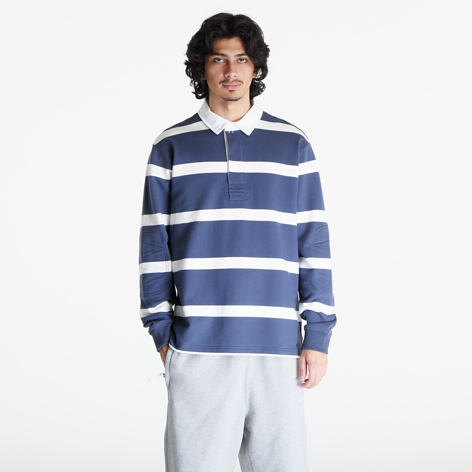 Trička Nike Life Men's Striped Heavyweight Rugby Shirt Thunder Blue/ Sail/ White/ Thunder Blue