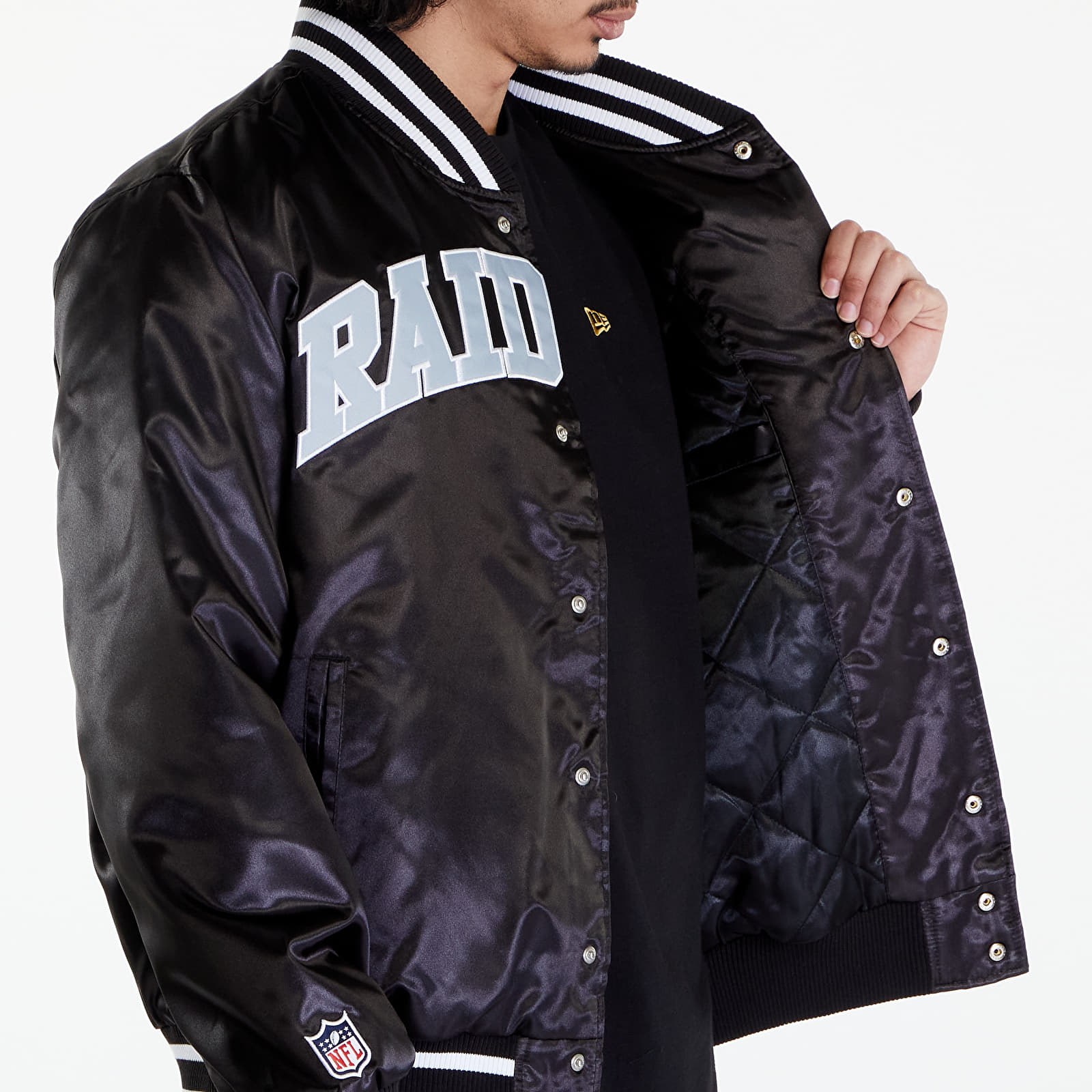 Bombery New Era Las Vegas Raiders NFL Satin Black Bomber Jacket UNISEX Black/ White