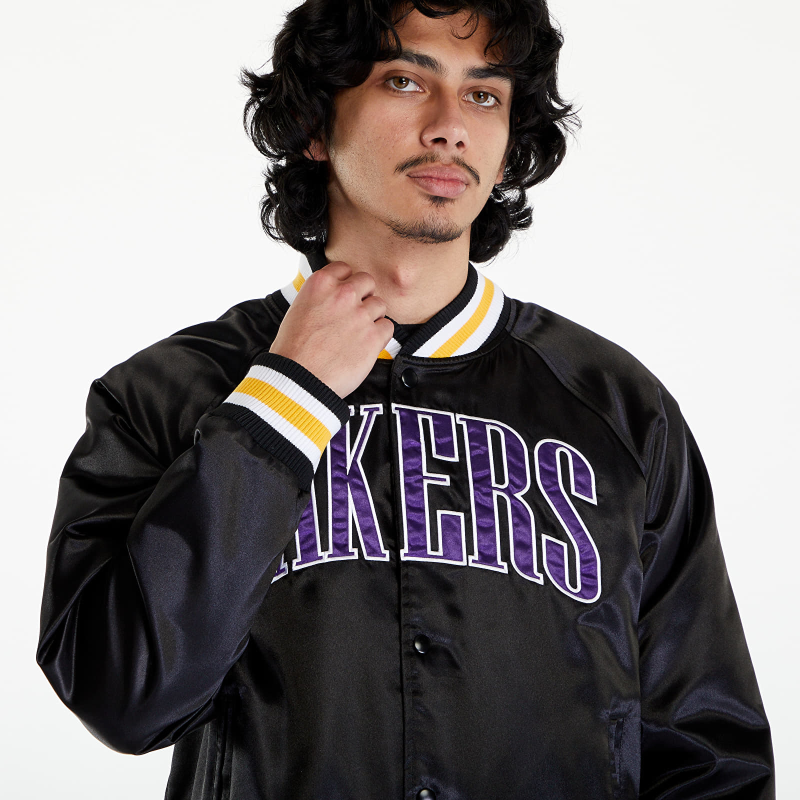 Bombers New Era LA Lakers NBA Applique Satin Bomber Jacket UNISEX Black/ True Purple