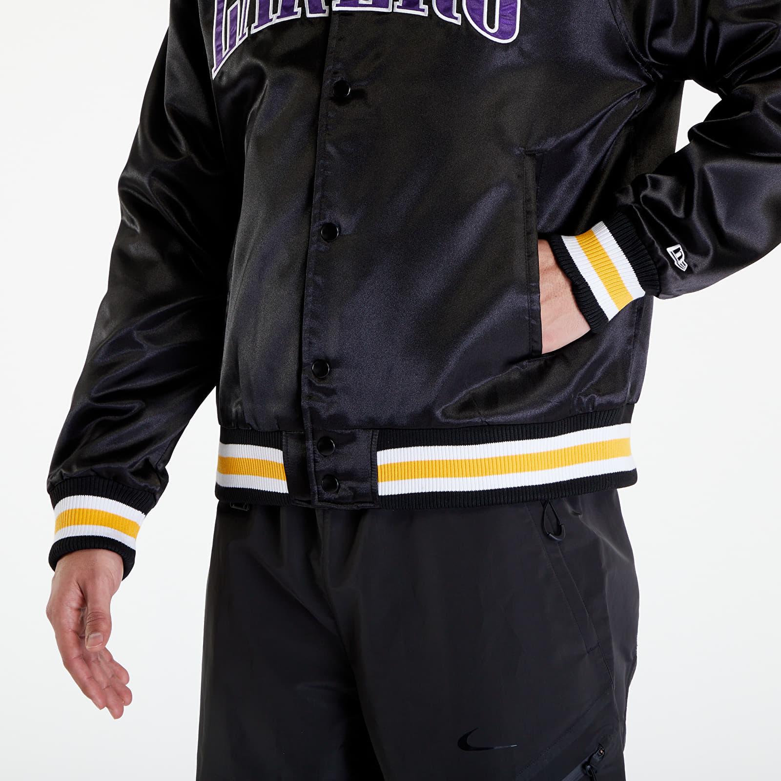 Bomber Jackets New Era LA Lakers NBA Applique Satin Bomber Jacket UNISEX Black/ True Purple