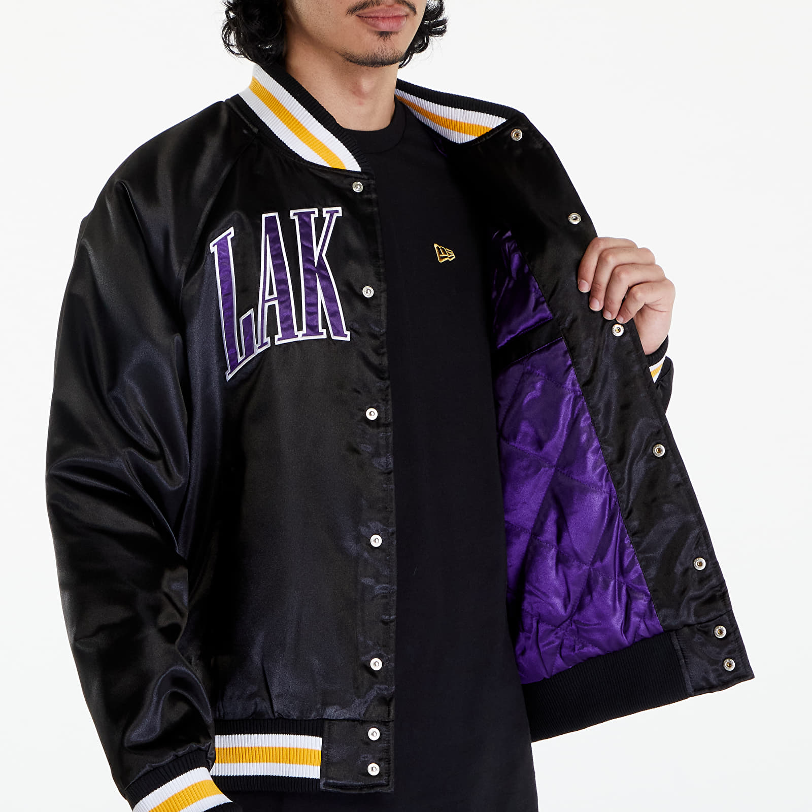 Bombers New Era LA Lakers NBA Applique Satin Bomber Jacket UNISEX Black/ True Purple