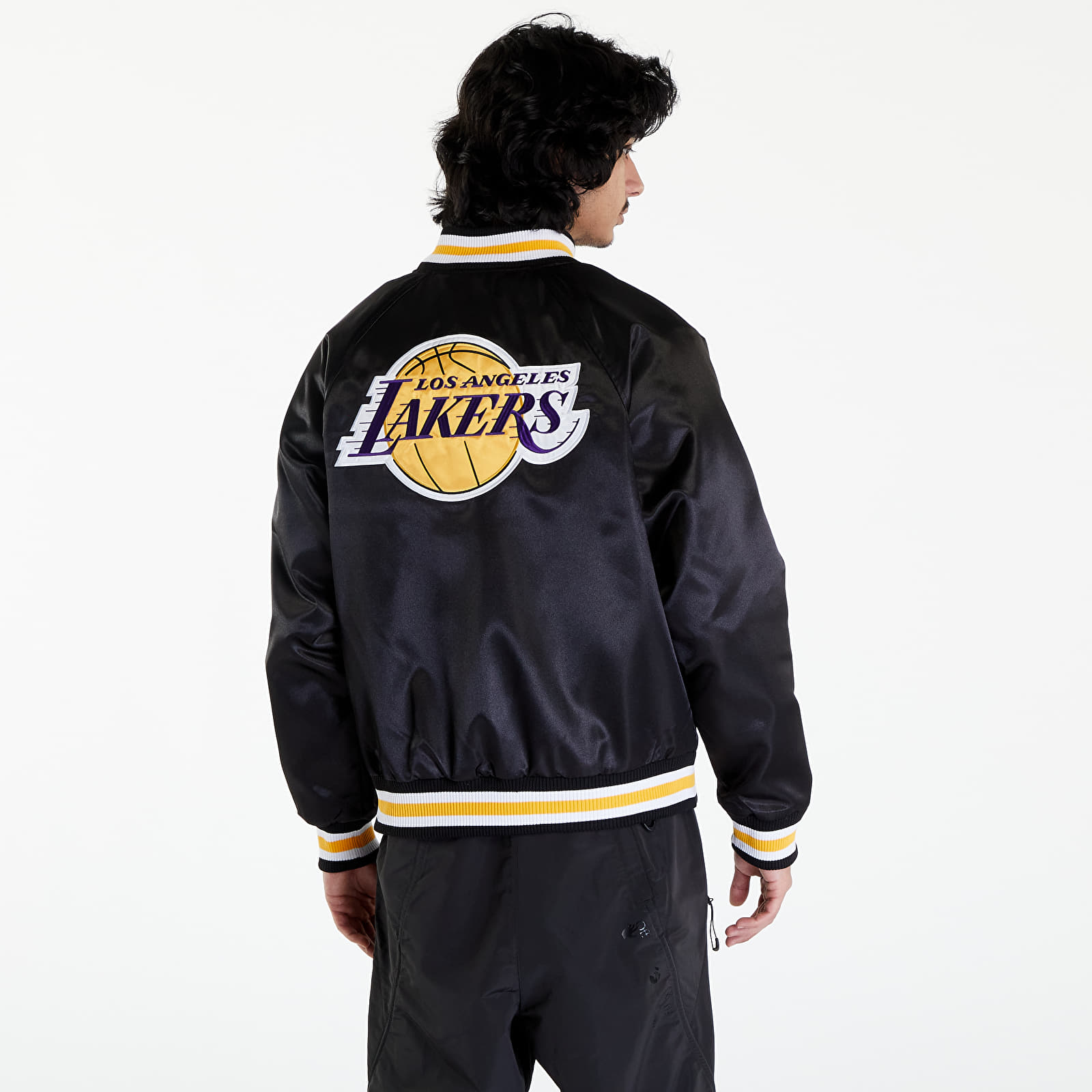 Bomber Jackets New Era LA Lakers NBA Applique Satin Bomber Jacket UNISEX Black/ True Purple