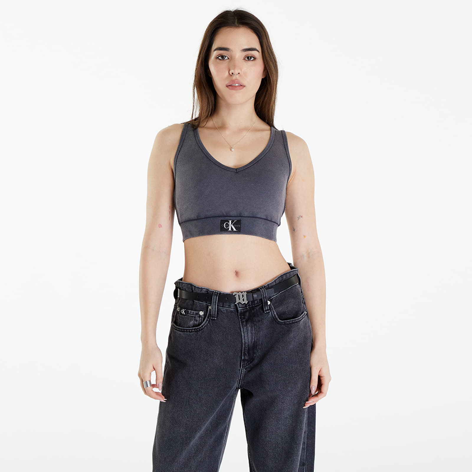 Calvin Klein - jeans label washed rib crop top washed black