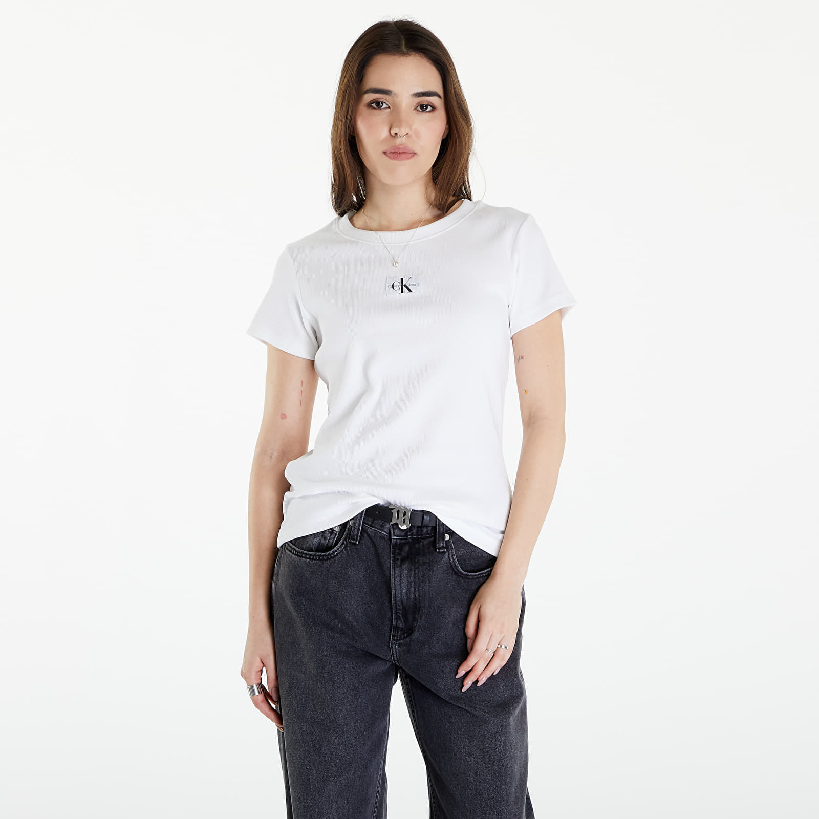 Levně Calvin Klein Jeans Woven Label Rib Slim Short Sleeve Tee Bright White