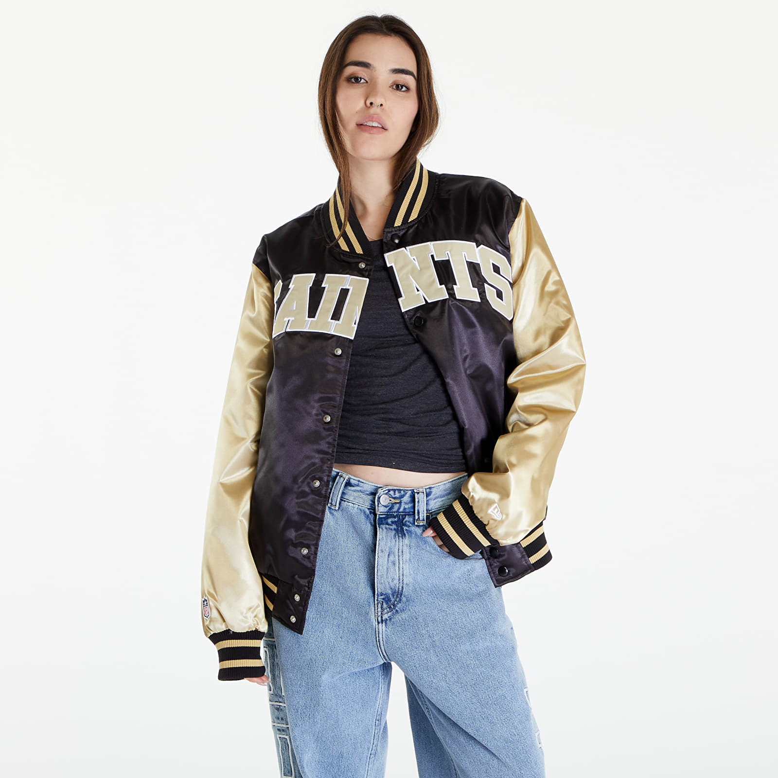 Bombers New Era New Orleans Saints NFL Satin Bomber Jacket UNISEX Black/ Vegas Gold
