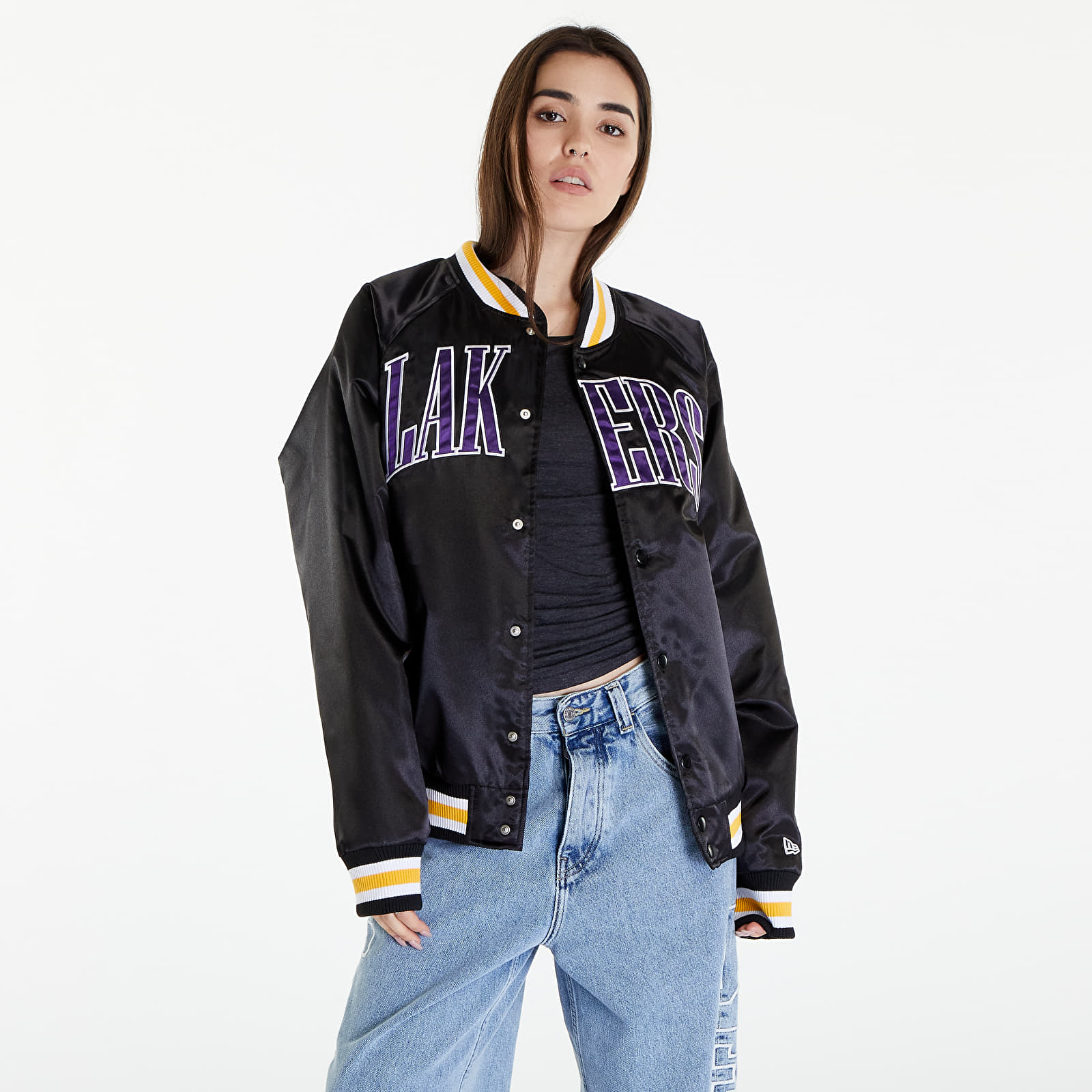 Bombers New Era LA Lakers NBA Applique Satin Bomber Jacket UNISEX Black/ True Purple