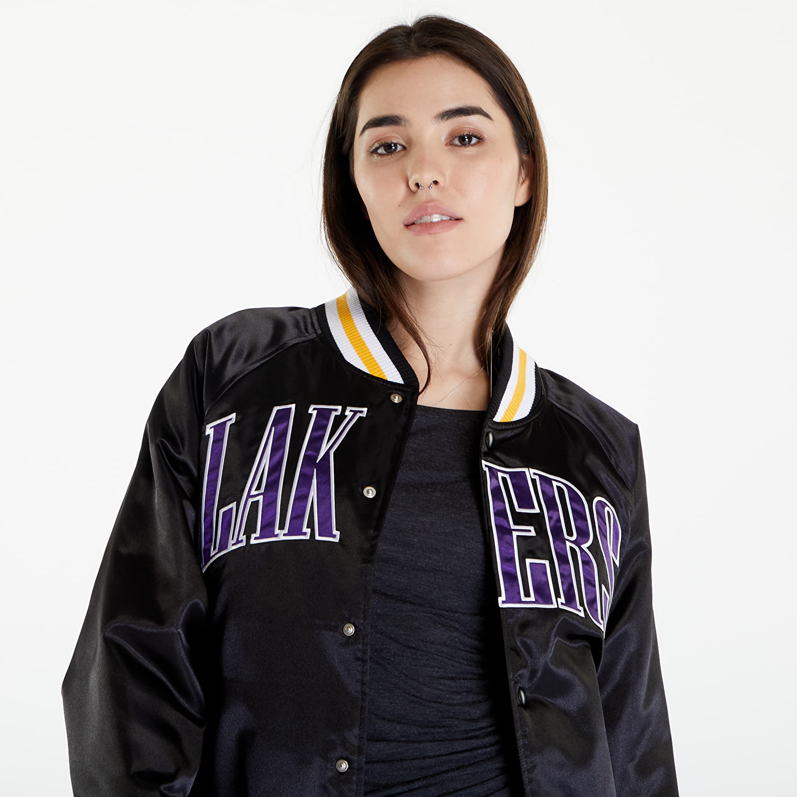 Bomber Jackets New Era LA Lakers NBA Applique Satin Bomber Jacket UNISEX Black/ True Purple