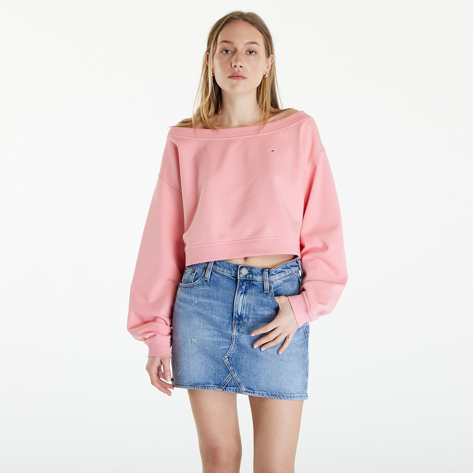 Bluzy Tommy Jeans Cropped Off Shoulder Sweatshirt Pink