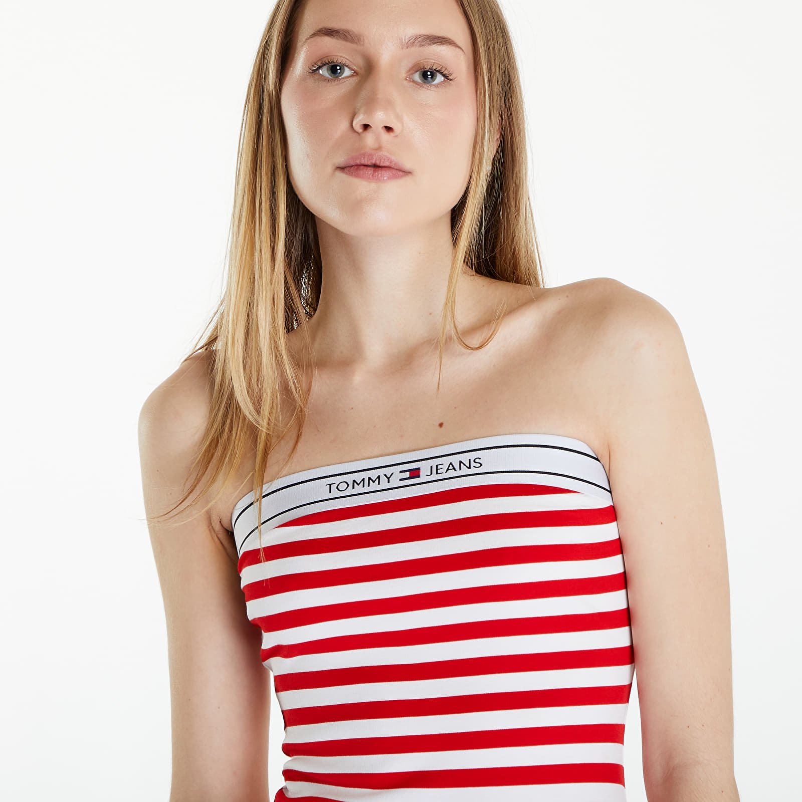 Kjole Tommy Jeans Logo Tape Stripe Knee Lenght Tube Dress Red