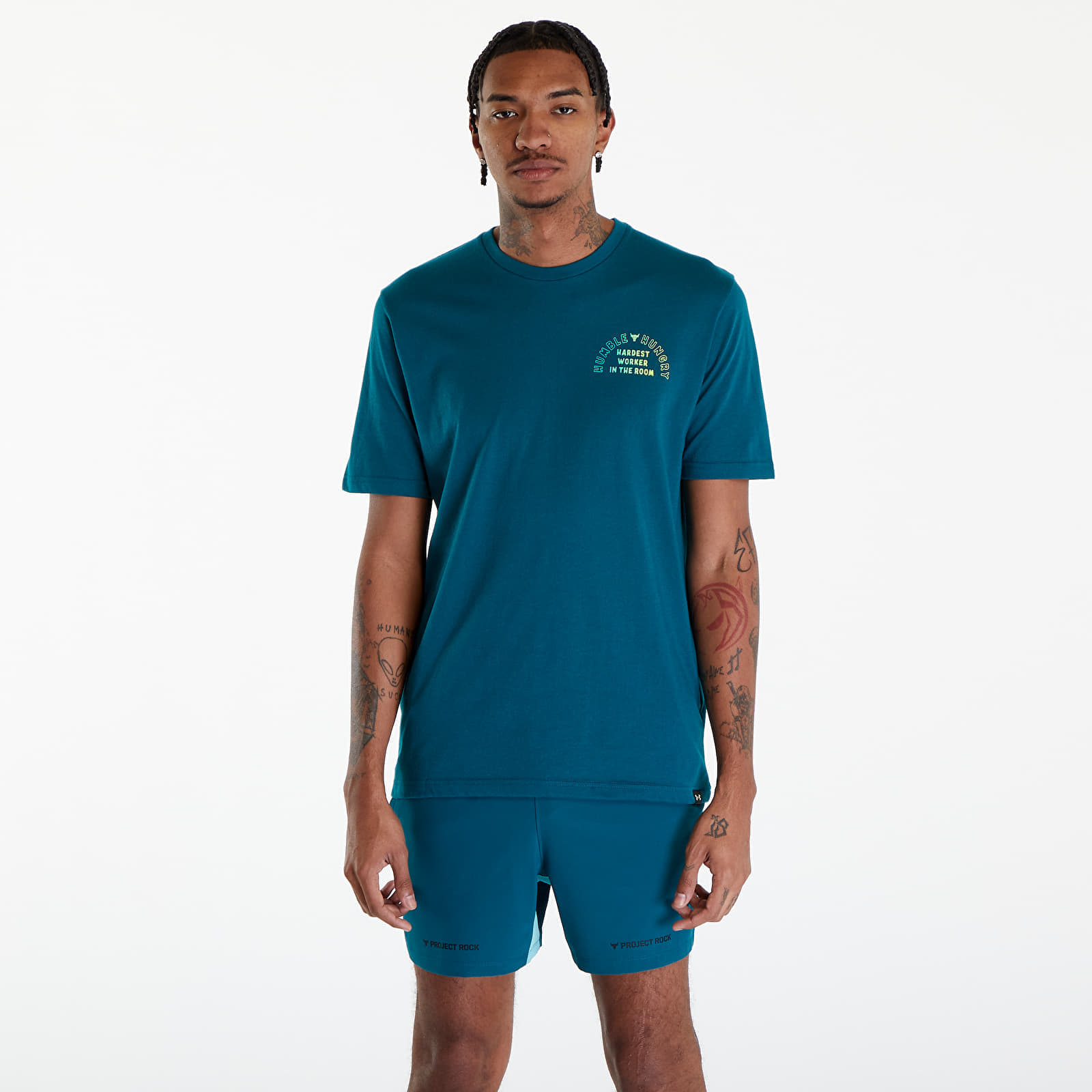 Levně Under Armour Project Rock H&H Graphic Short Sleeve T-Shirt Hydro Teal/ Radial Turquoise/ High-Vis Yellow