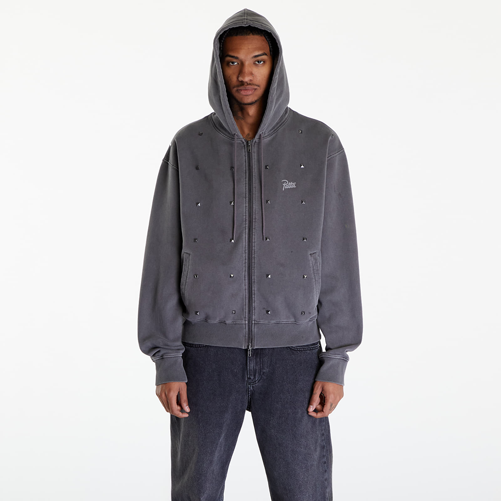 Kapucnis pulóverek és pulcsik Patta Studded Washed Zip Up Hooded Sweater UNISEX Volcanic Glass