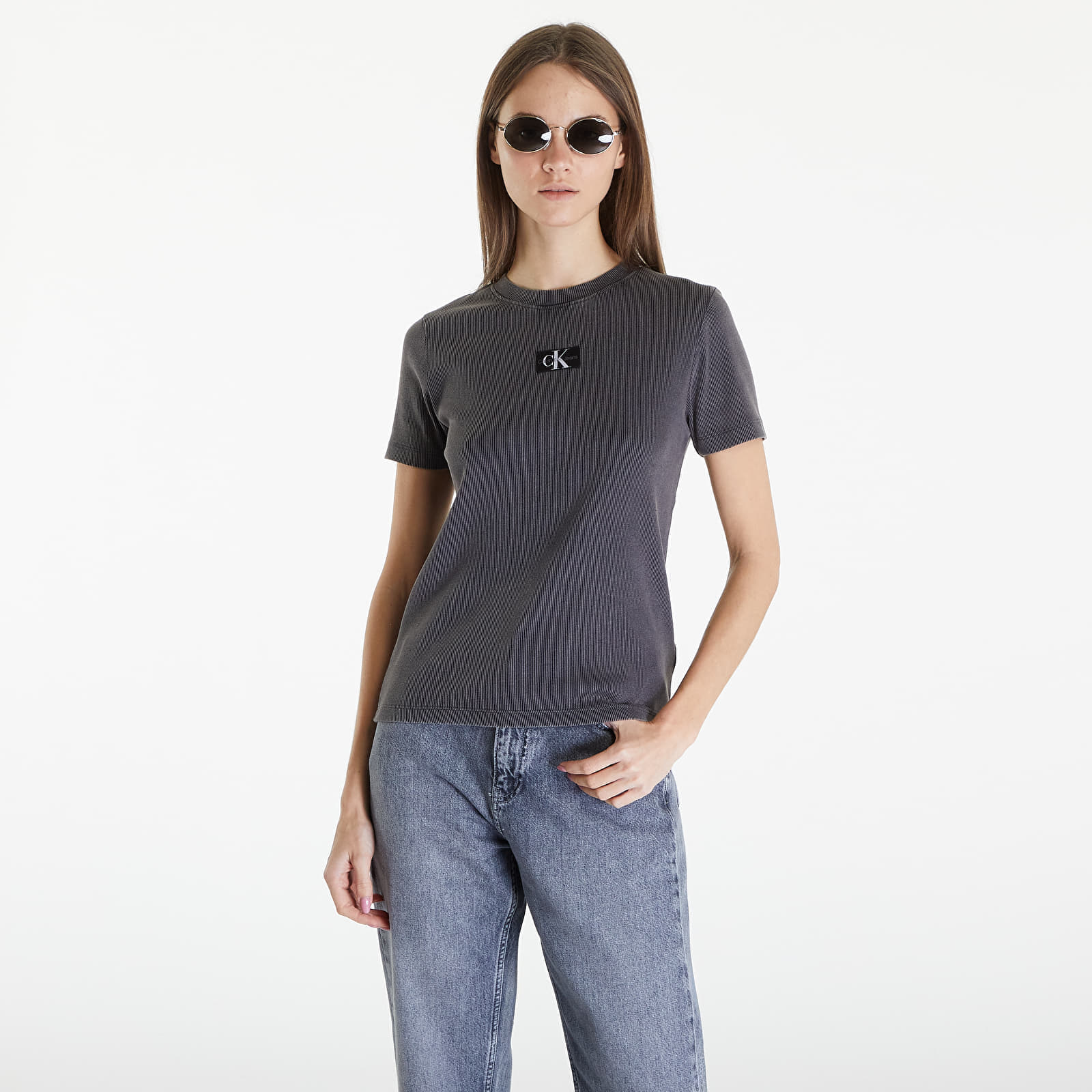 Levně Calvin Klein Jeans Label Washed Rib Slim Short Sleeve Tee Gray