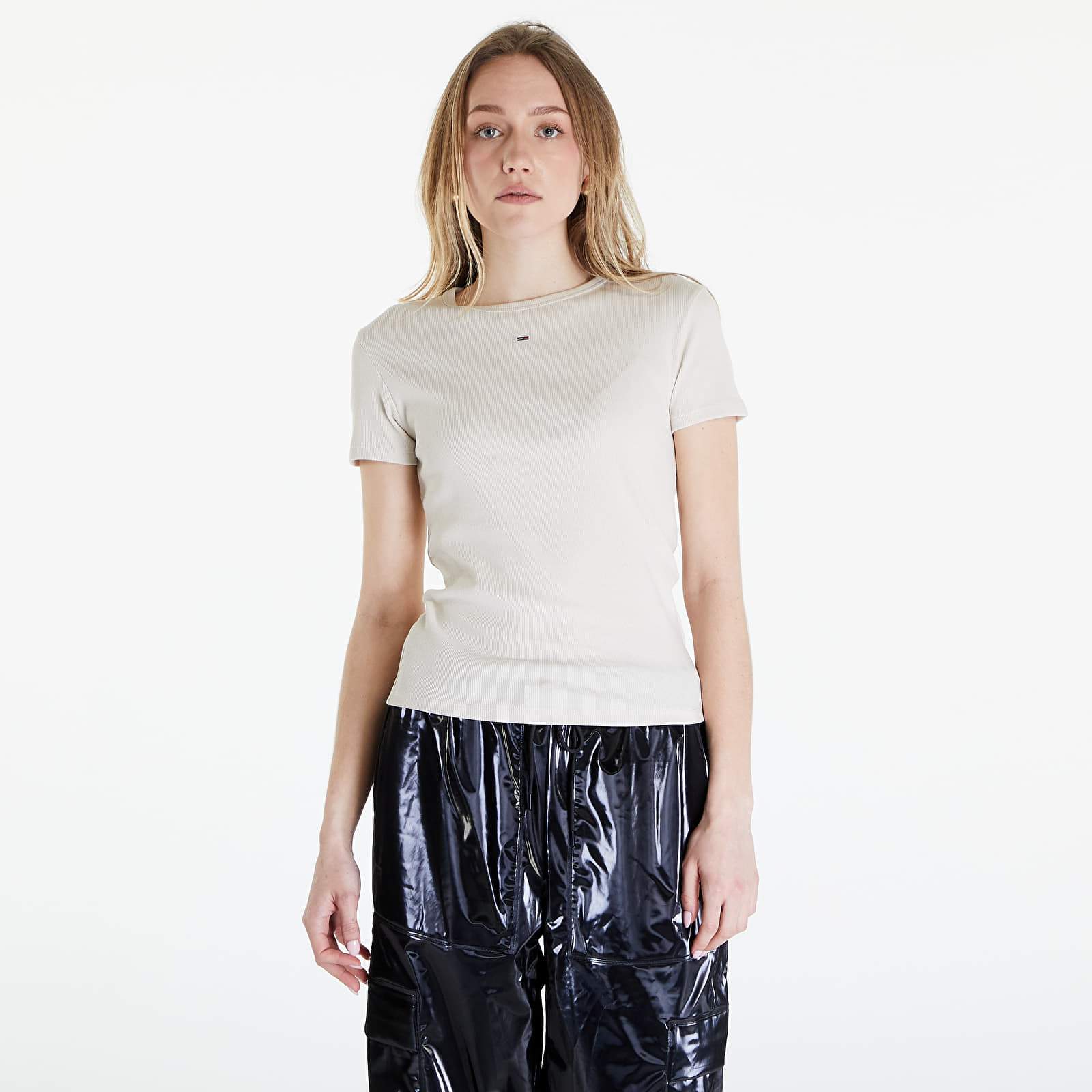 Marškinėliai Tommy Jeans Slim Essential Ribbed Tee Newsprint