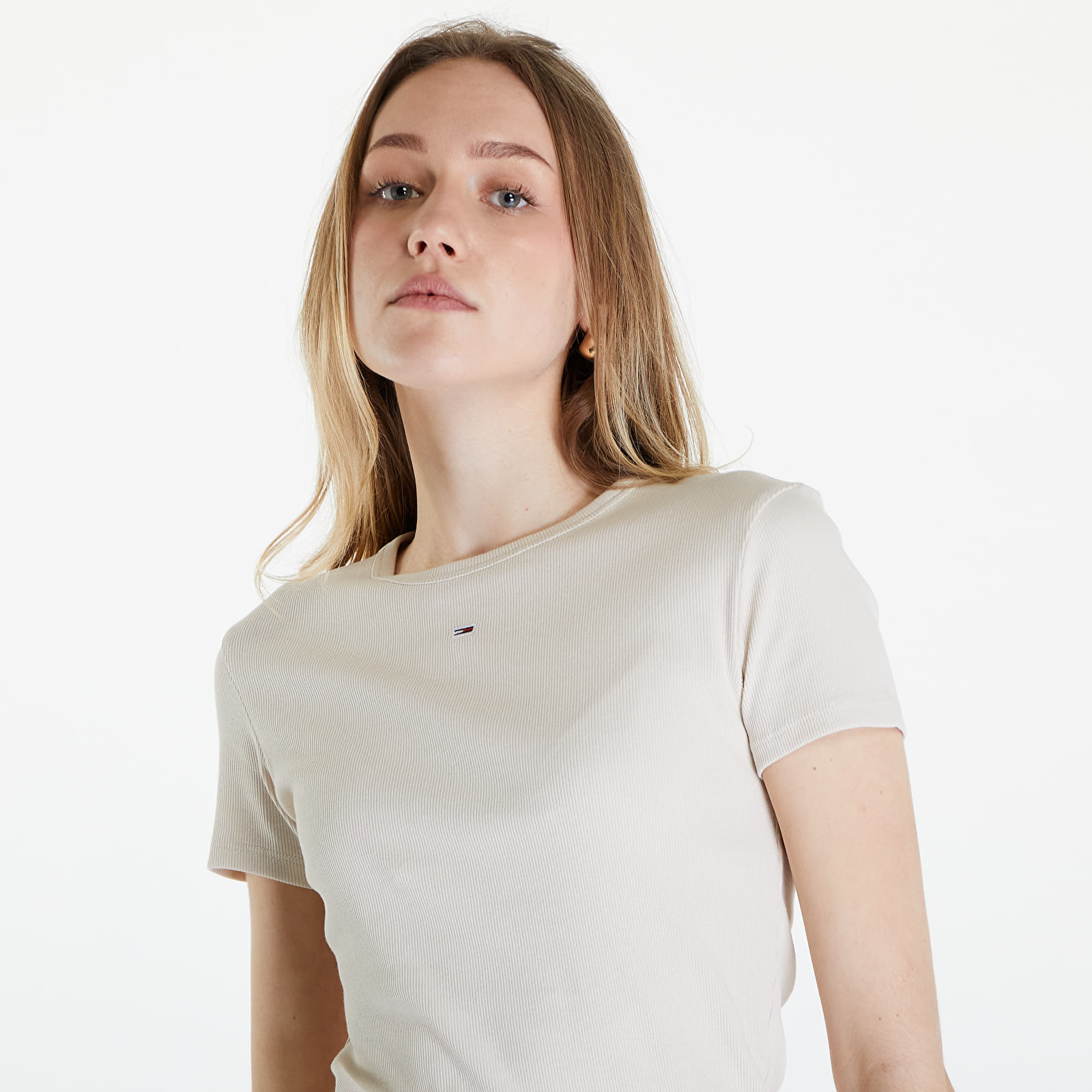 Marškinėliai Tommy Jeans Slim Essential Ribbed Tee Newsprint