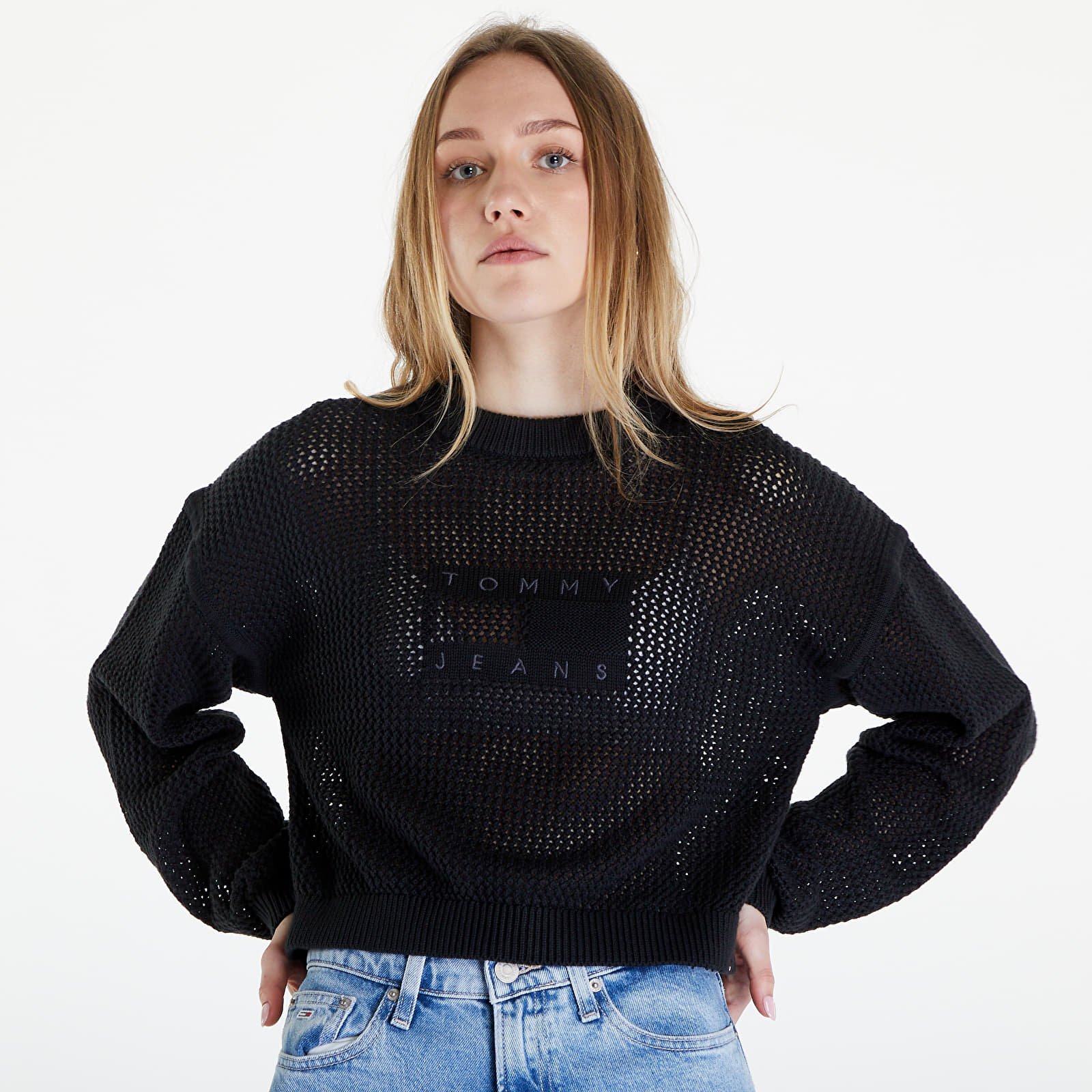 Pulóverek Tommy Jeans Open Stitch Flag Sweater Black