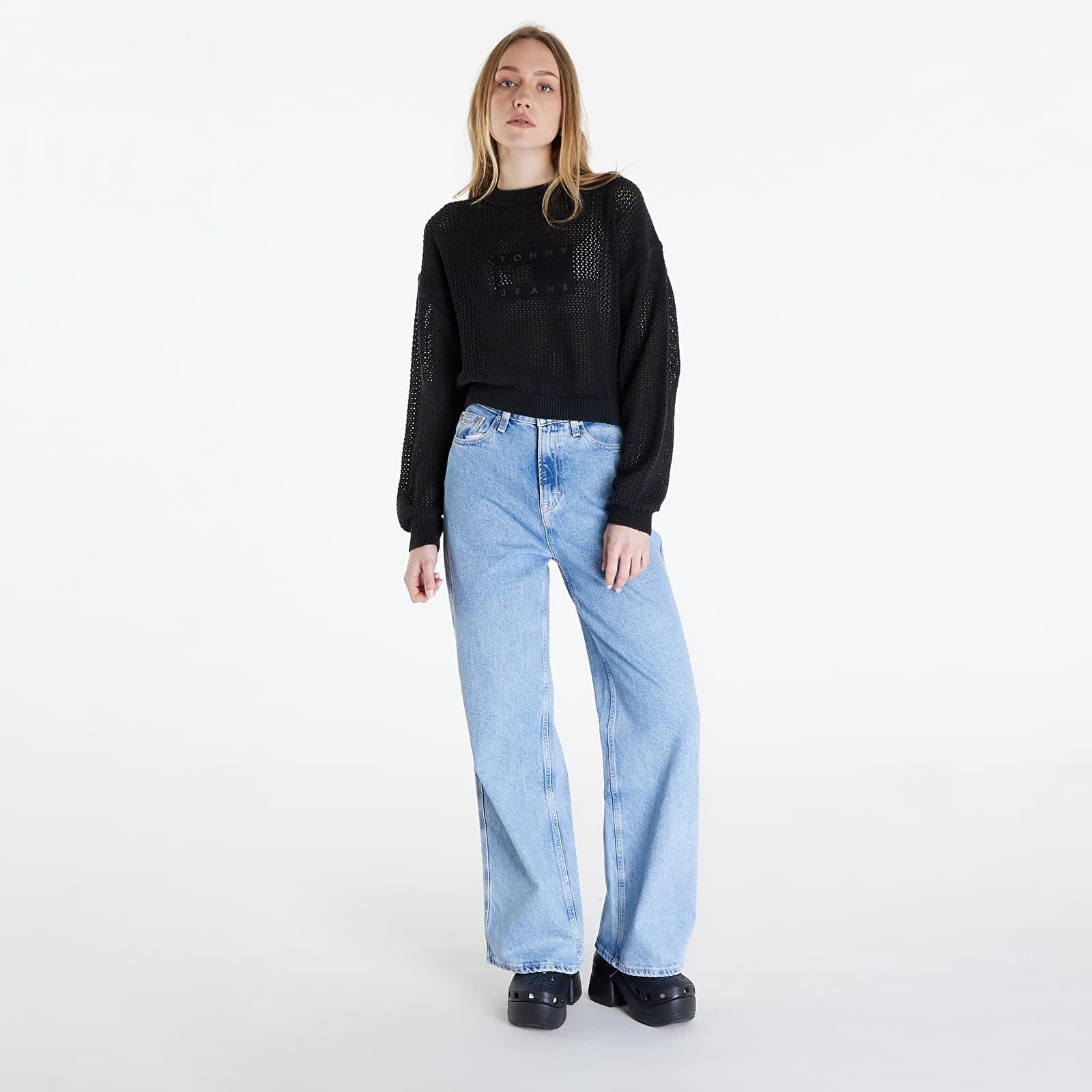 Pulóverek Tommy Jeans Open Stitch Flag Sweater Black