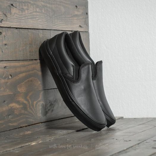 Black leather shop vans slip ons