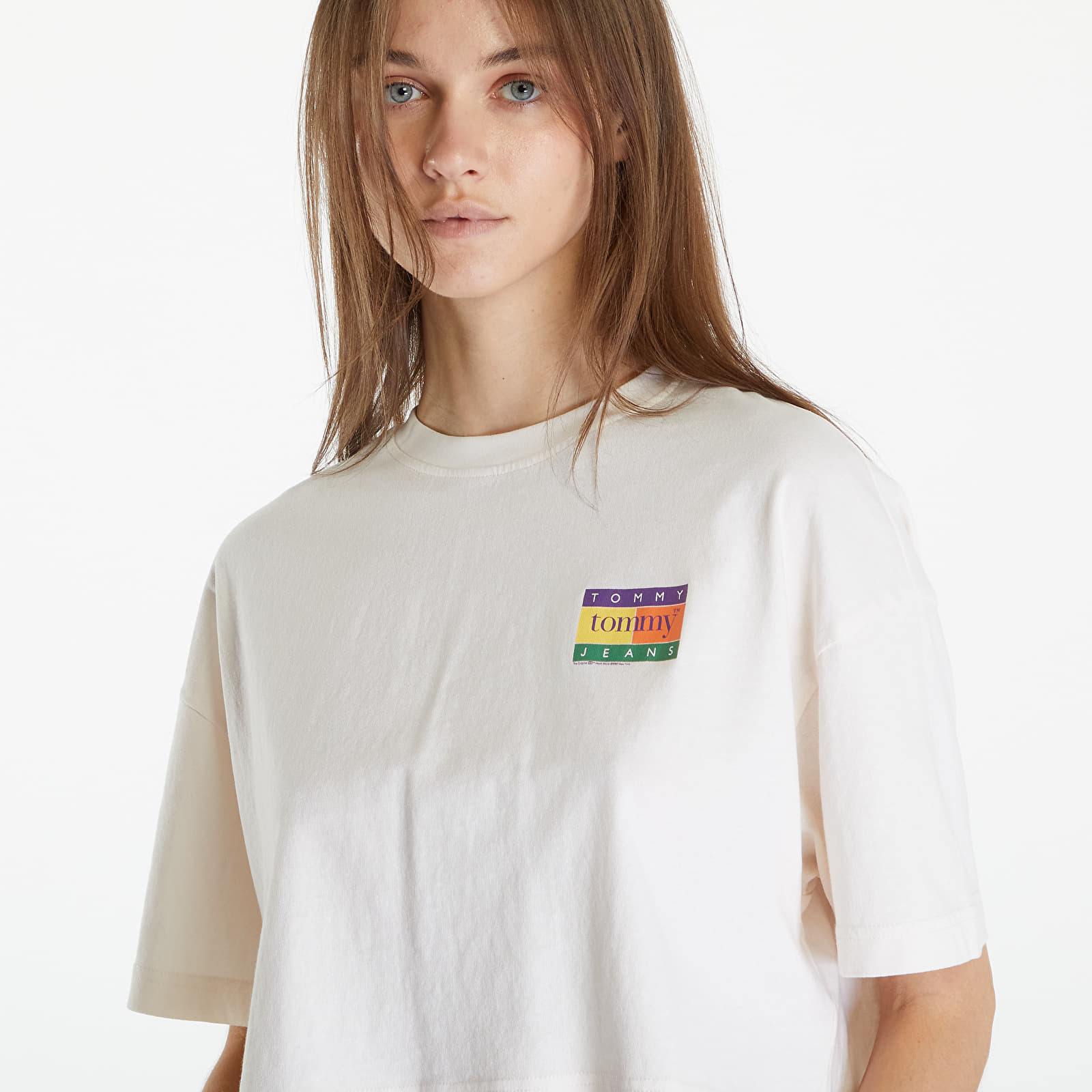 Marškinėliai Tommy Jeans Oversized Cropped Summer Flag Tee Ancient White