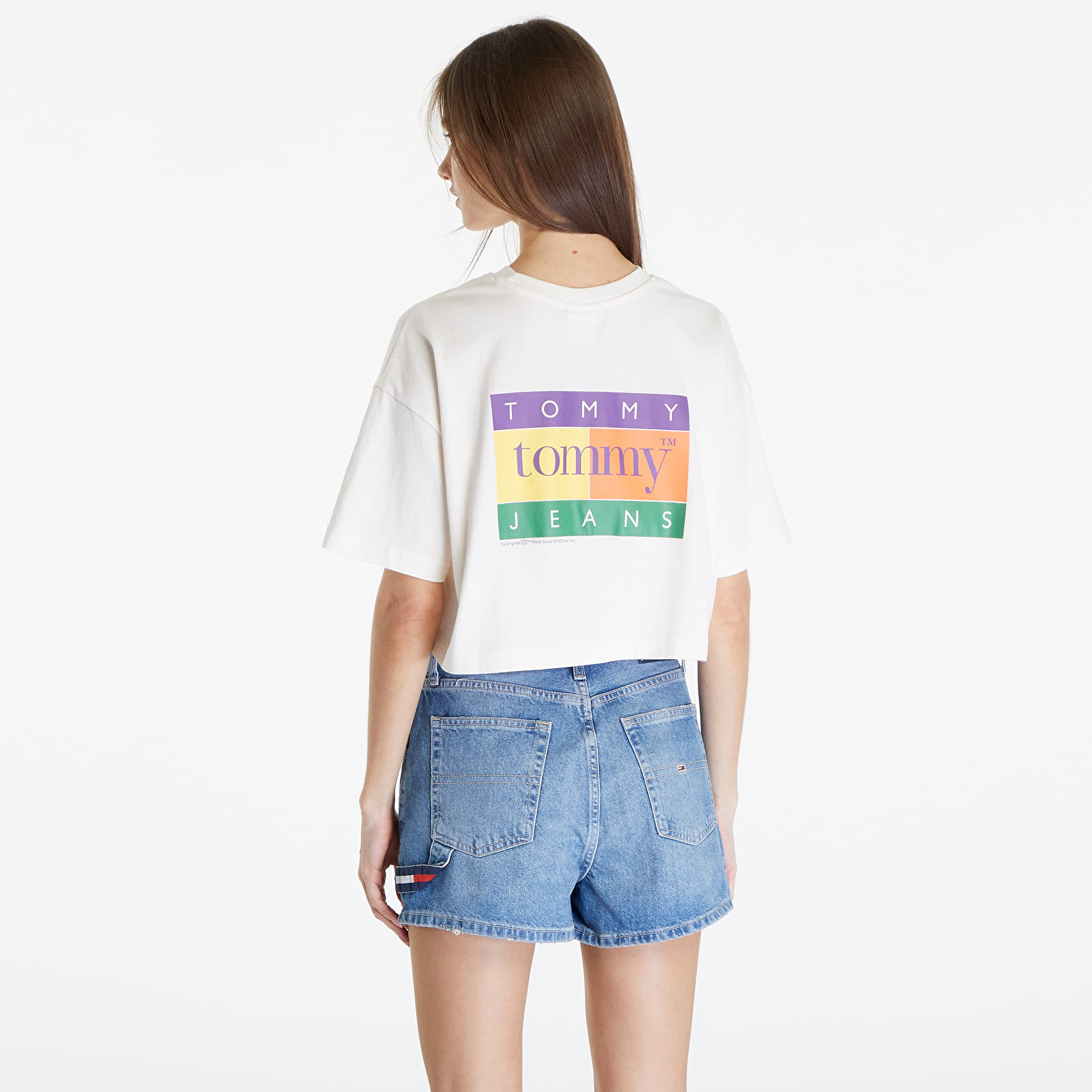 Marškinėliai Tommy Jeans Oversized Cropped Summer Flag Tee Ancient White