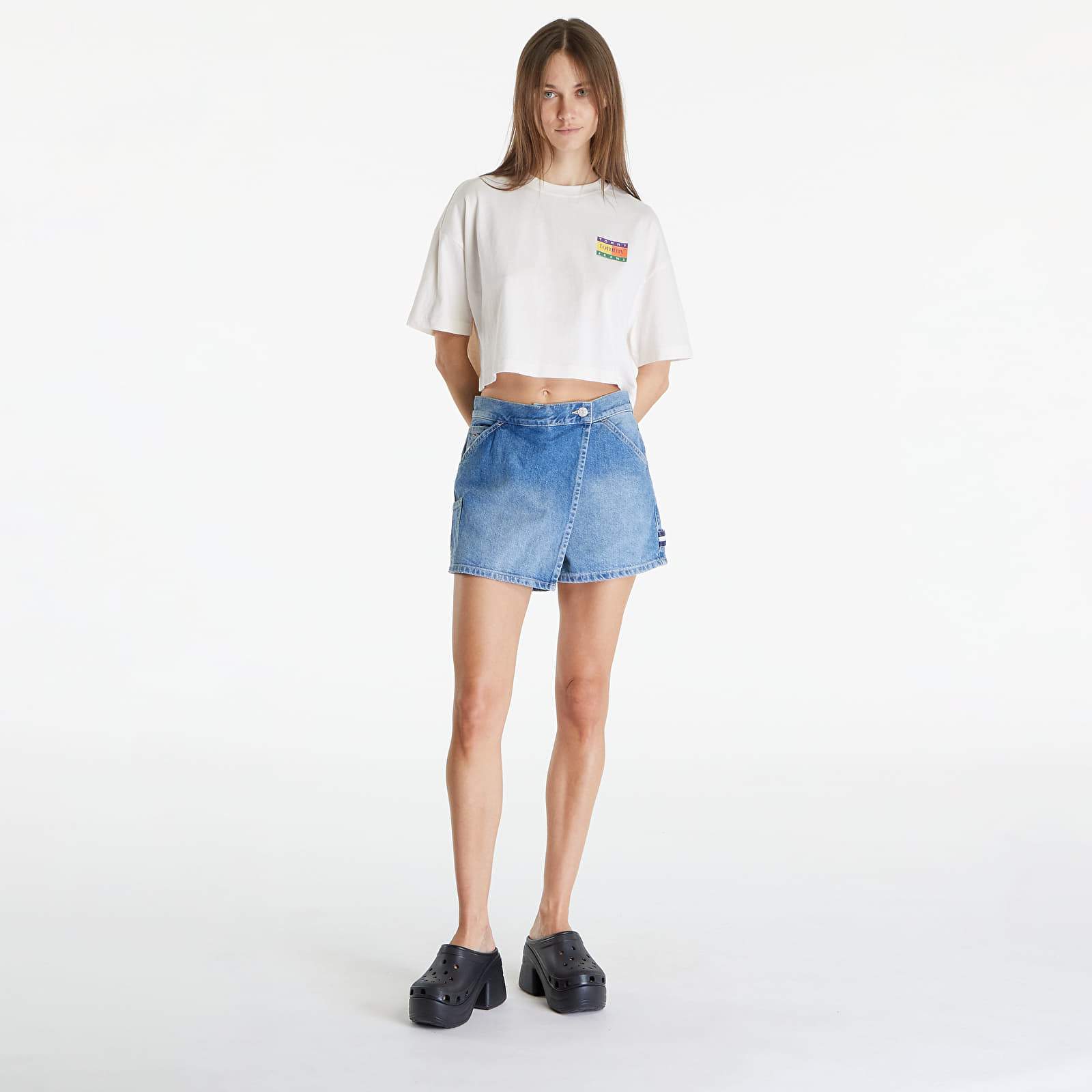 Marškinėliai Tommy Jeans Oversized Cropped Summer Flag Tee Ancient White