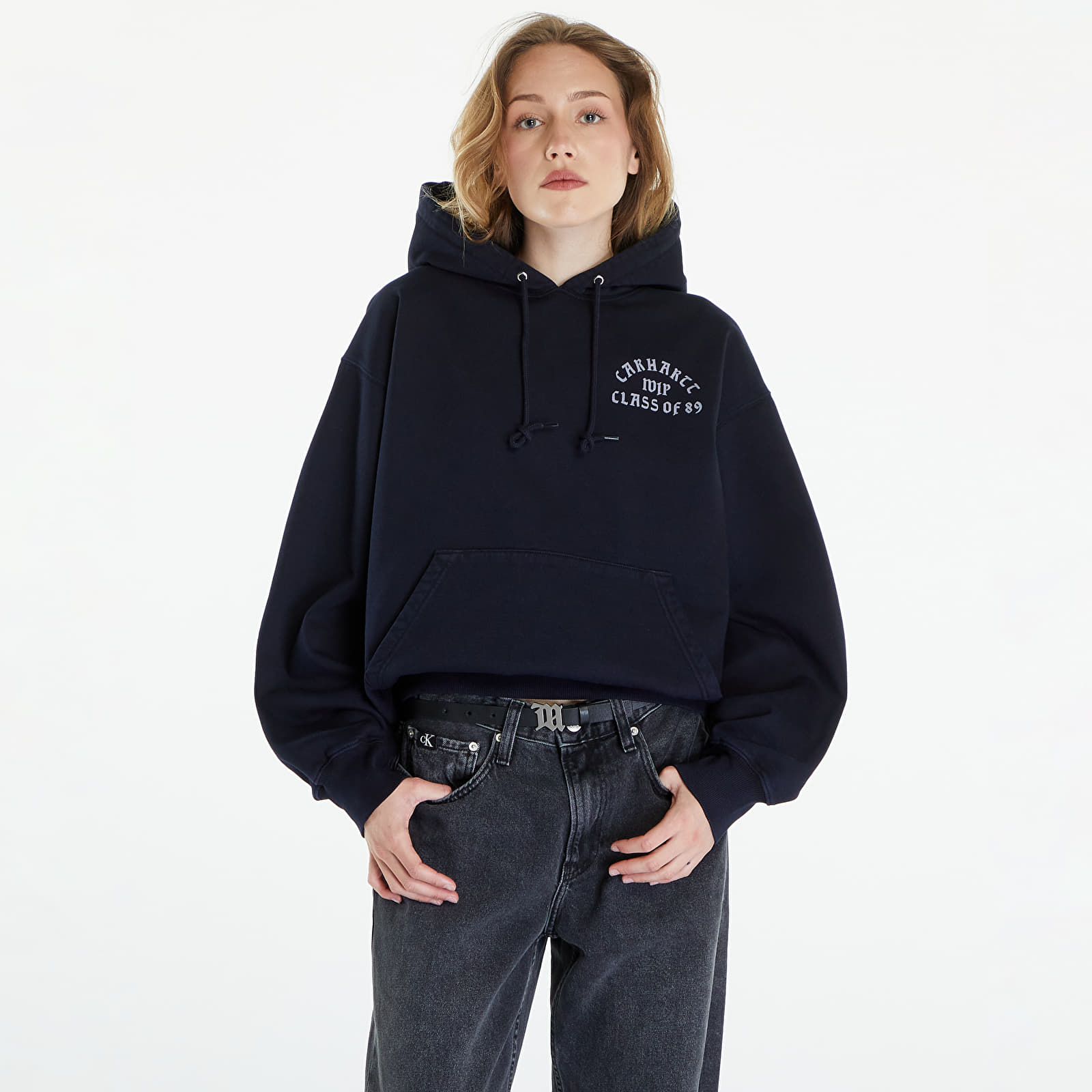 Mikiny Carhartt WIP Hooded Class of 89 Sweat UNISEX Dark Navy/ White Garment Dyed