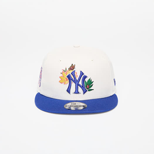New Era White SnapBack hat with Blue Floral Embroidery and Multicolor NY Logo Off White Pre-Curved New York Yankees Floral Navy Blue Visor  main image 3