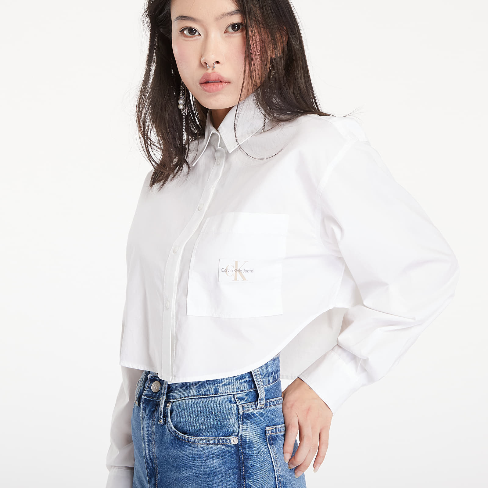 Ingek Calvin Klein Jeans Woven Label Cropped T-Shirt White