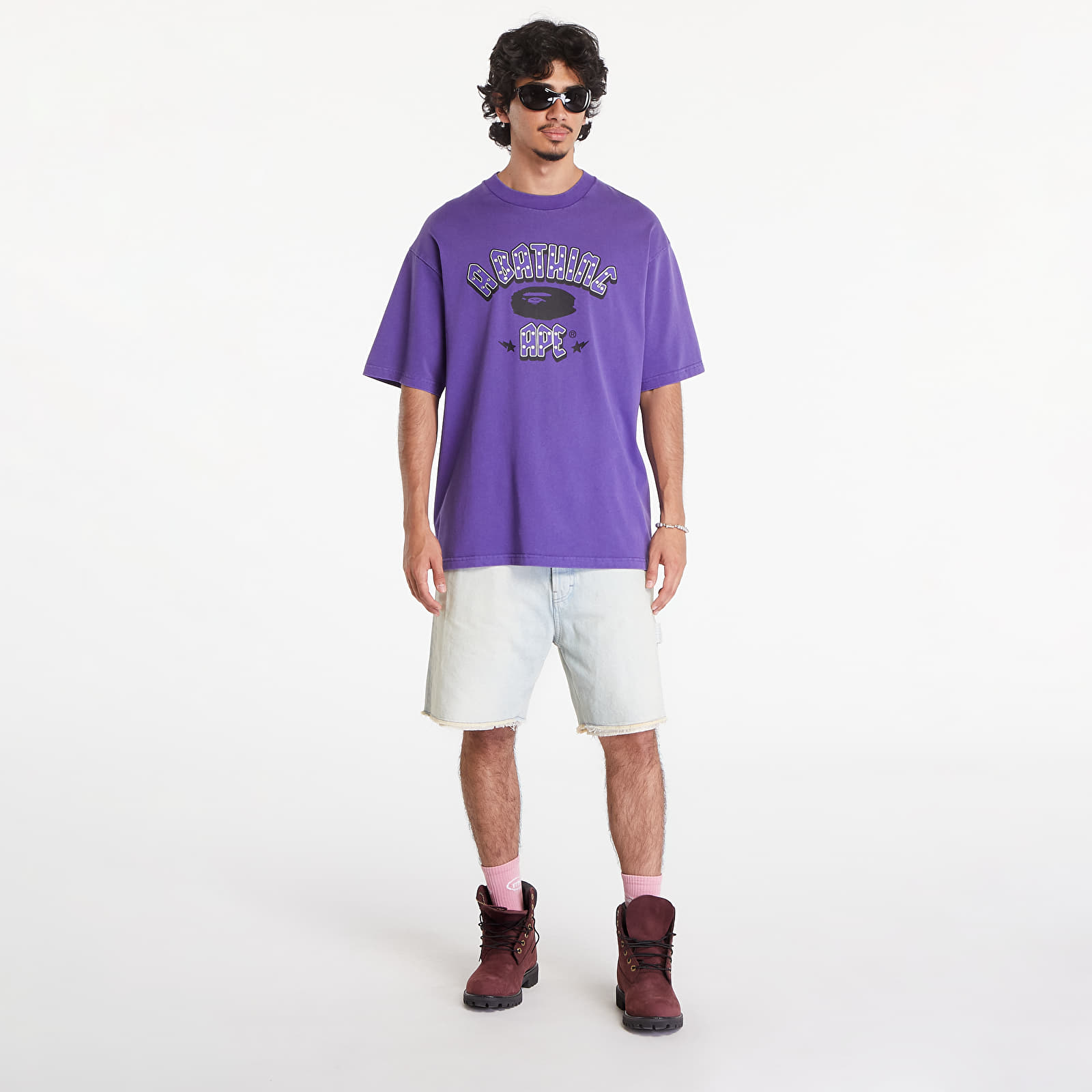Trička A BATHING APE Garment Dye Rhinestone Logo Relaxed Fit Short Sleeve Tee Purple