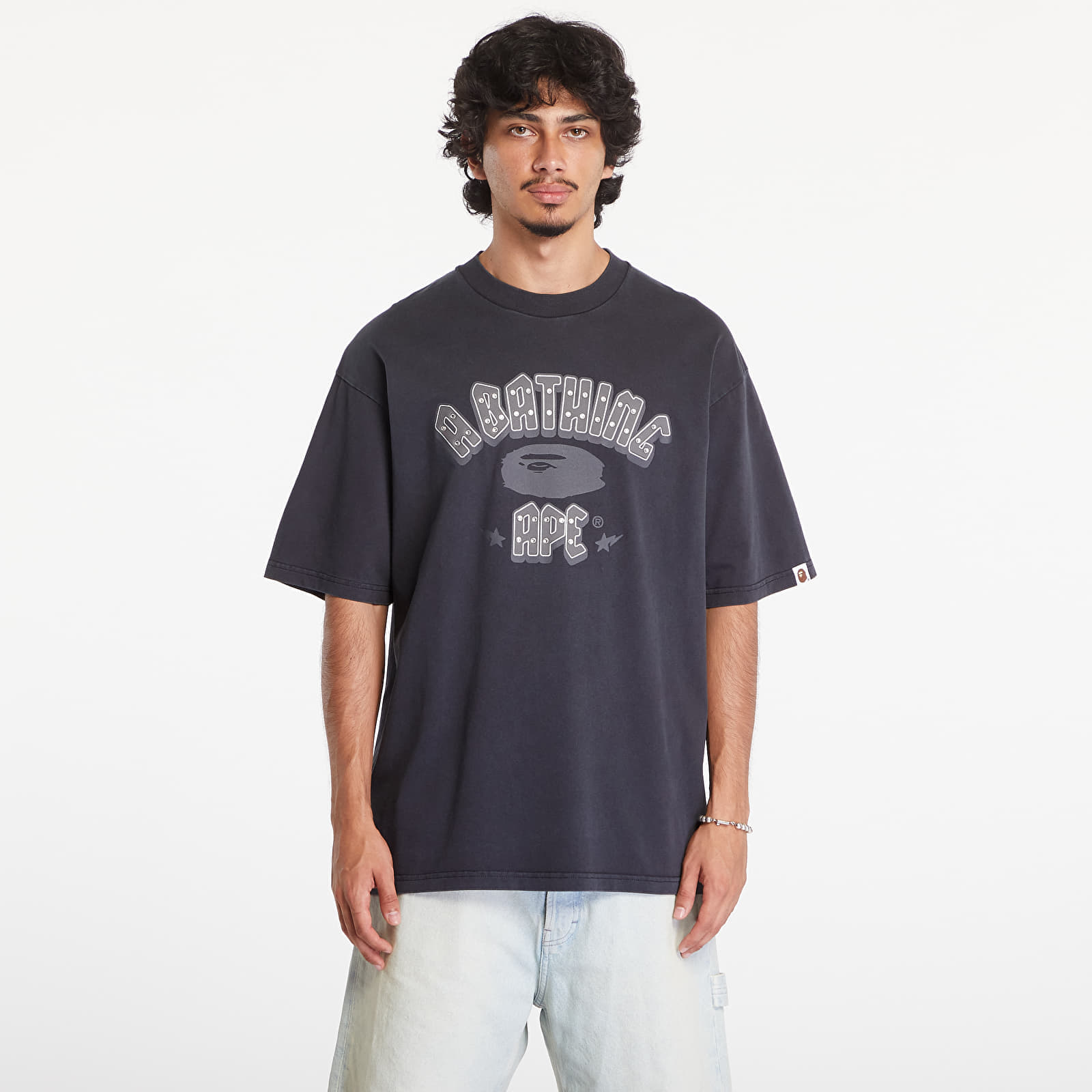T-shirt A BATHING APE Garment Dye Rhinestone Logo Relaxed Fit Short Sleeve Tee Charcoal L
