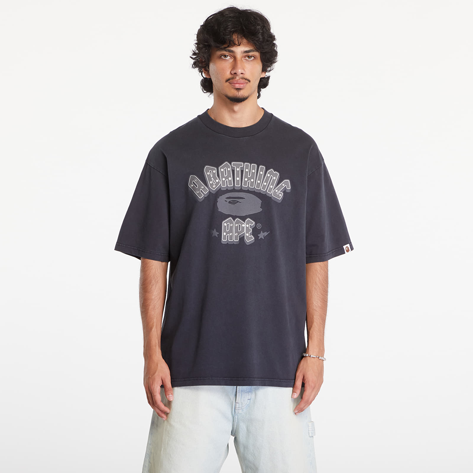 Tričká A BATHING APE Garment Dye Rhinestone Logo Relaxed Fit Short Sleeve Tee Charcoal