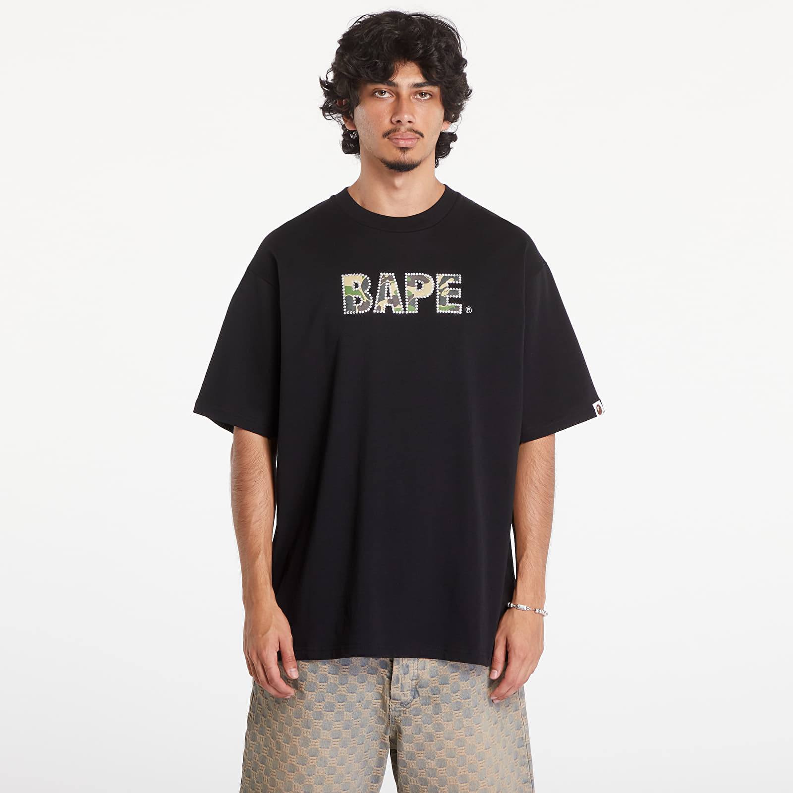 T-paidat A BATHING APE Rhinestone Logo Relaxed Fit Short Sleeve Tee Black