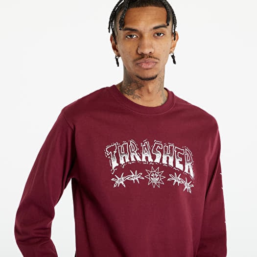 Men s T shirts Thrasher Barbed Wire Longsleeve T Shirt Maroon Footshop
