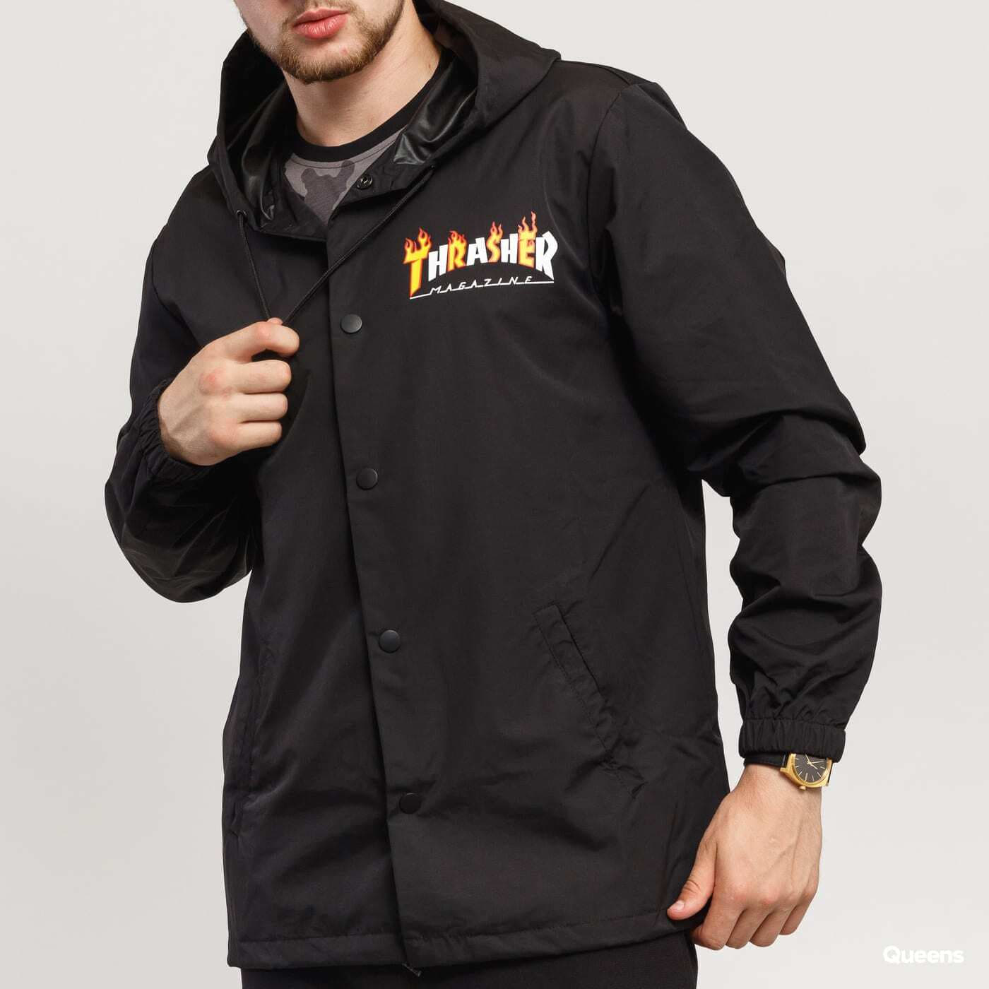 Thrasher flame magazine black hooded coaches jacket deals