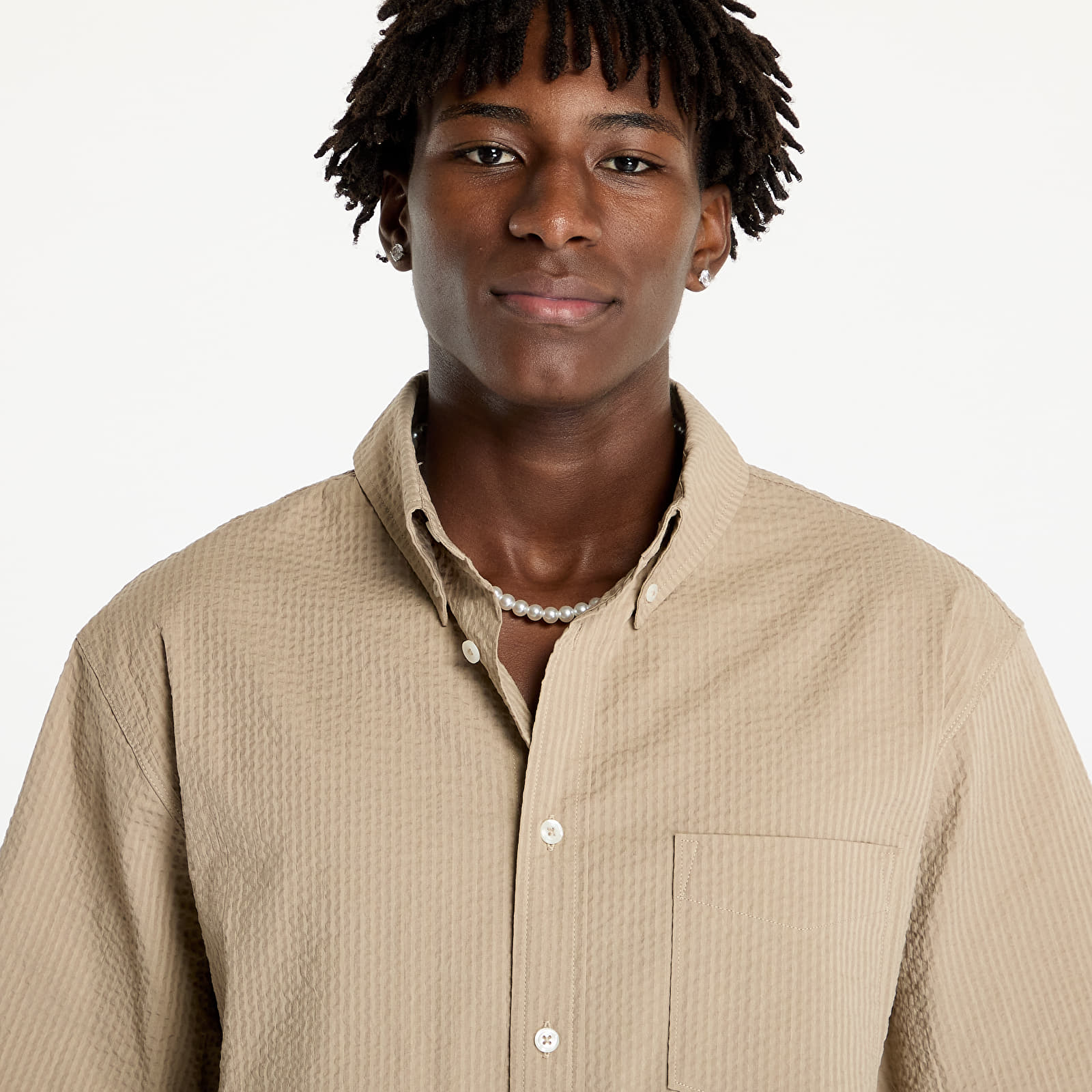 Košile Nike Life Men's Short-Sleeve Seersucker Button-Down Shirt Khaki/ Khaki