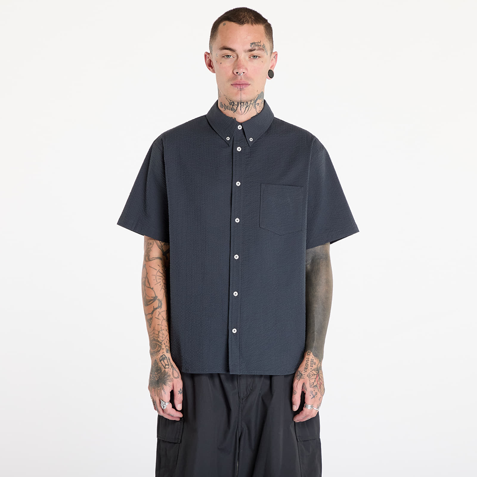 Camicia Nike Life Men's Short-Sleeve Seersucker Button-Down Shirt Anthracite/ Anthracite L