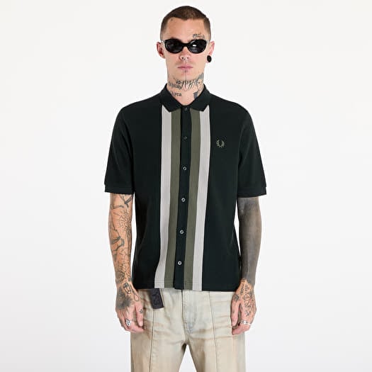 Men s T shirts FRED PERRY Panelled Button Through Polo Shirt Night Green Footshop