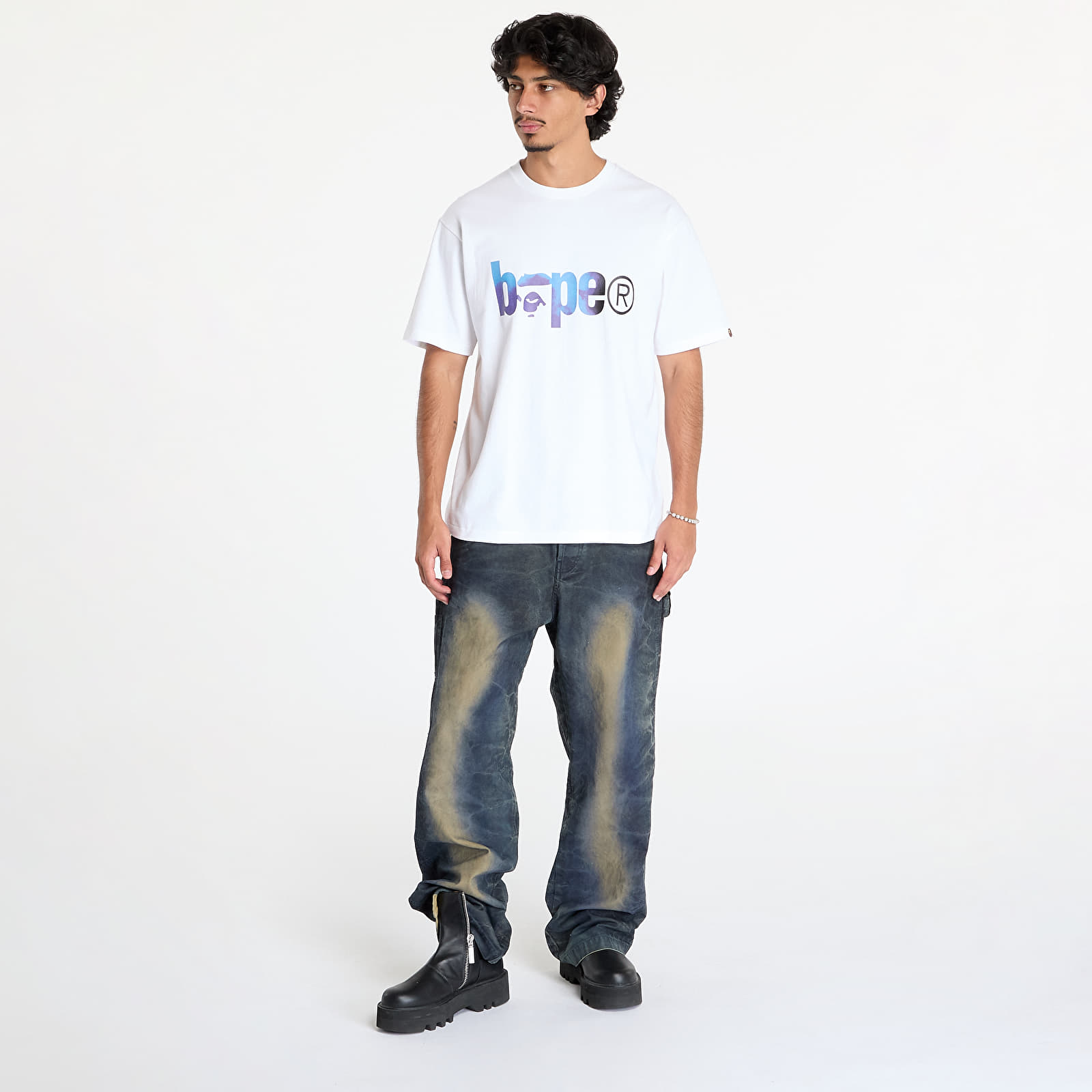 Magliette da uomo A BATHING APE Tie Dye Bape Logo Tee White/ Black