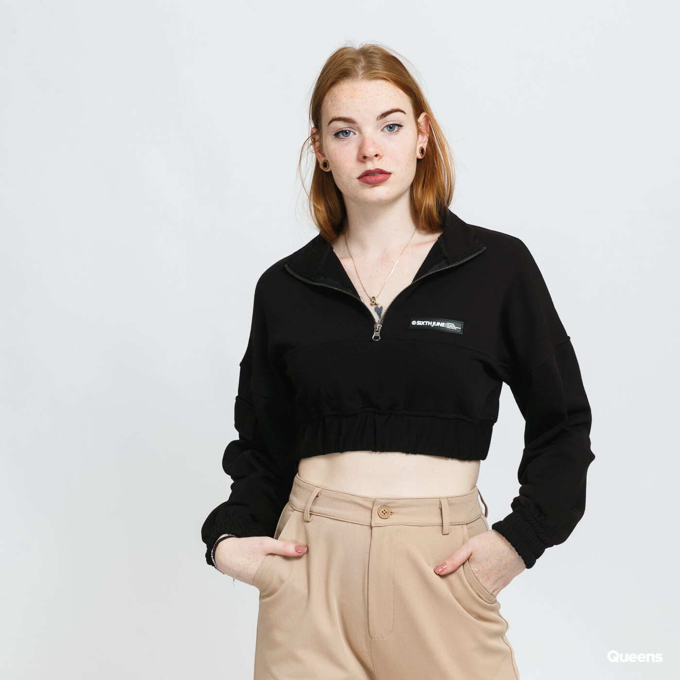 Hoodies für Frauen Sixth June Zip Up Crop Sweatshirt Black